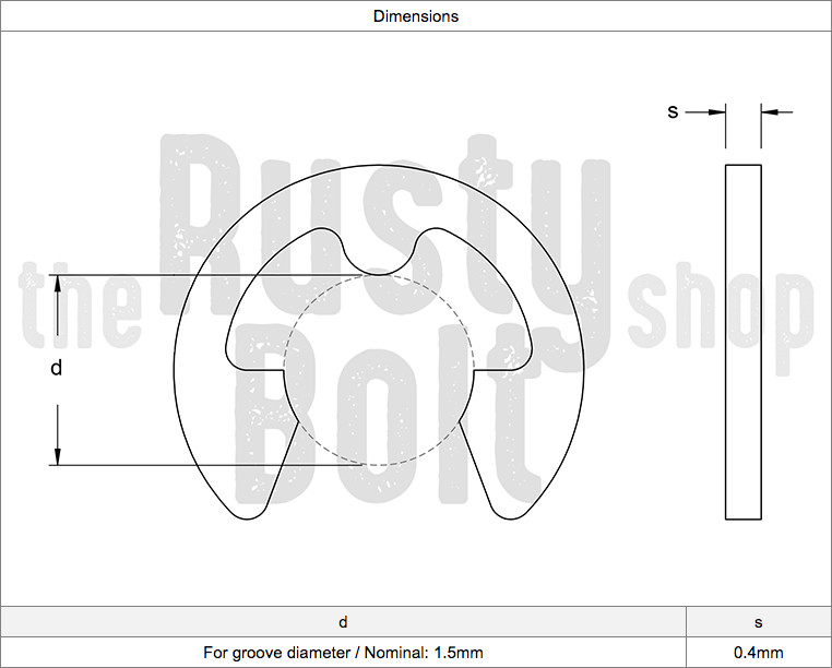 1.5mm E Clip, Black Steel, Circlip Side Mount, External Retaining Ring