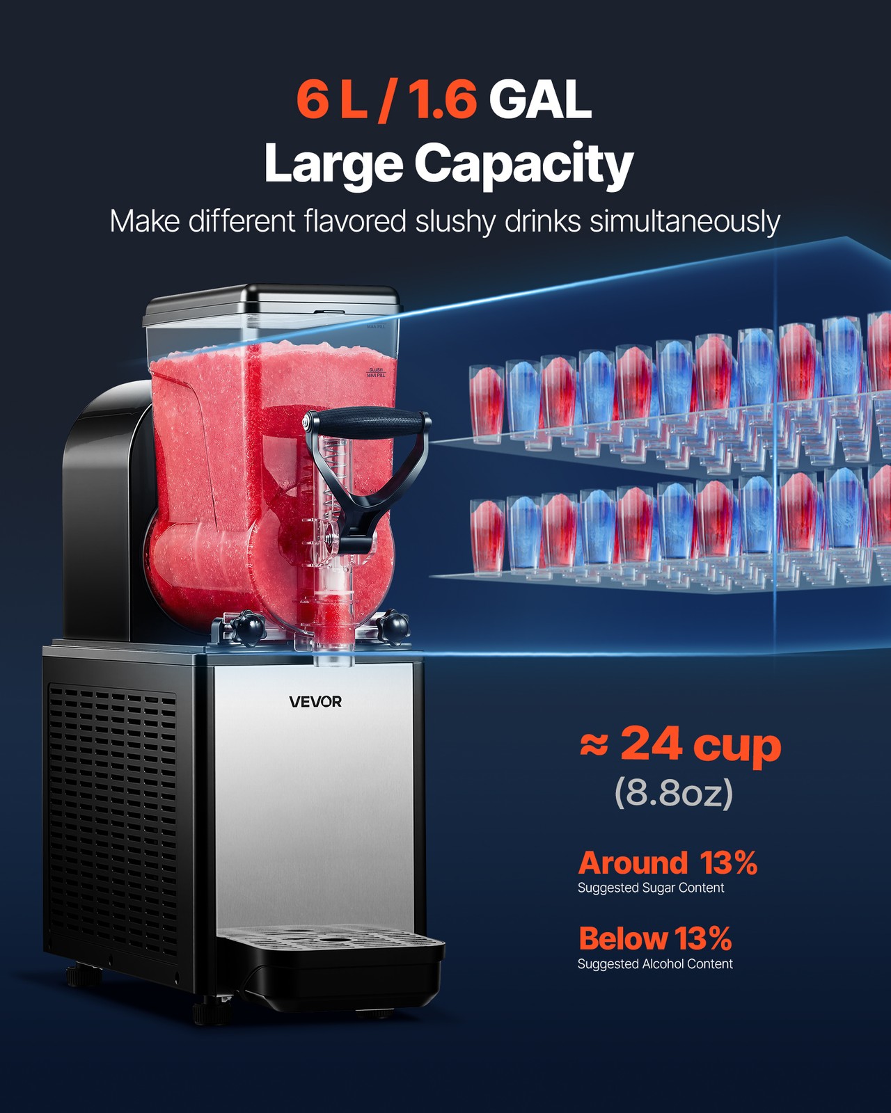 VEVOR Slushie Machine 6L/1.6 GAL No Ice Needed Frozen Drink Maker Single Tank