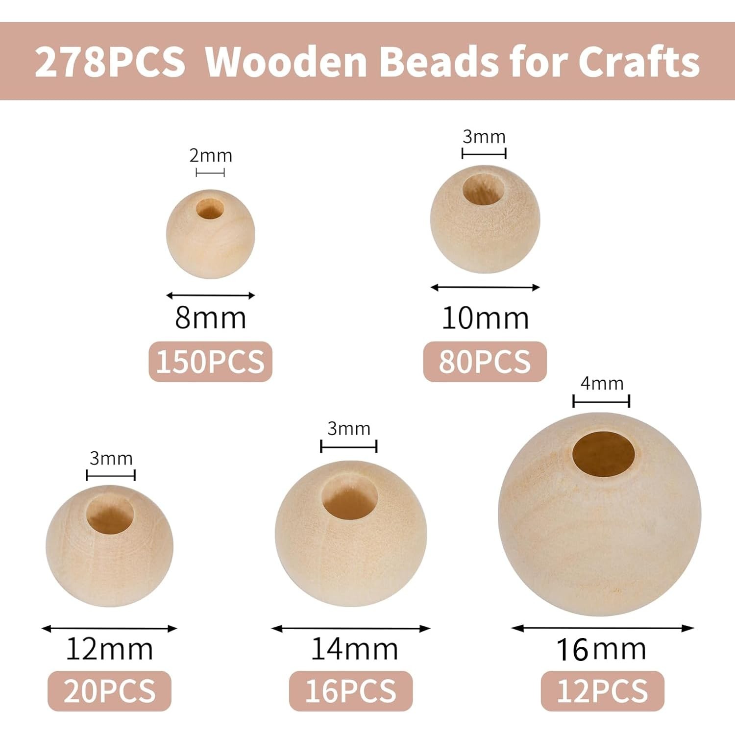 Secmity 280pcs Wooden Beads for Crafts 5 Sizes Unfinished Wood Bead yellow