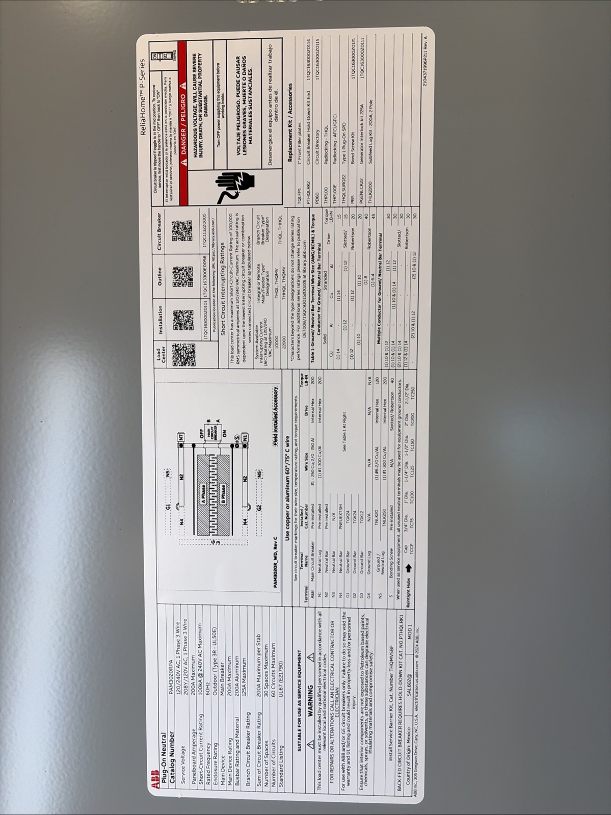 ABB 200 Amp Main Breaker Panel 30/60 Outdoor Load Center W/ PONeutral PAM3020RPA