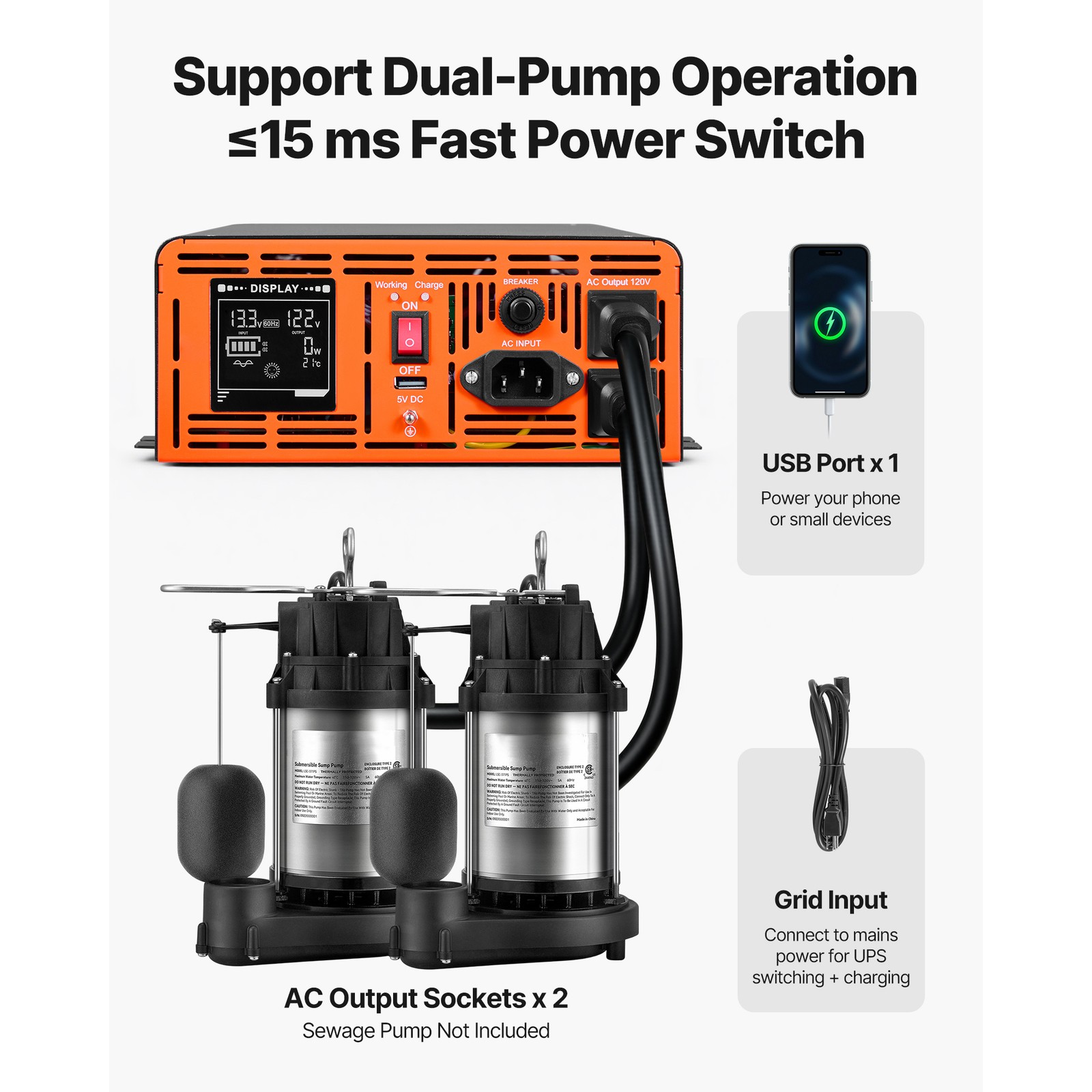 Uimoso 2500W Sump Pump Backup System with LCD and Pure Sine Wave Inverter