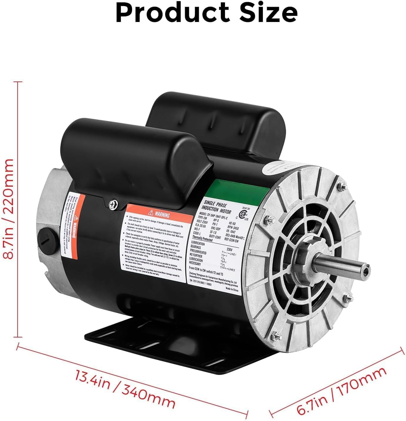 5HP SPL Air Compressor Motor 230V 3450RPM 56 Frame Motor CW/CCW Rotation