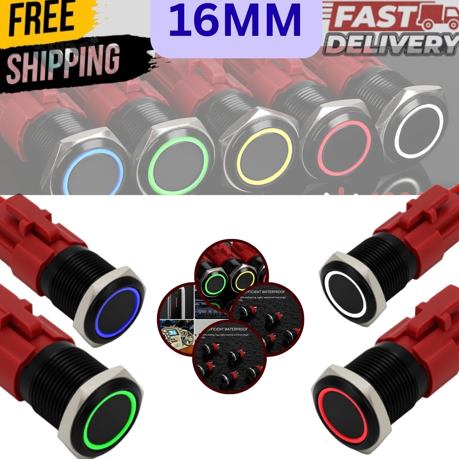 16mm Latching Push Button Switch 12V LED wire socket On/Off