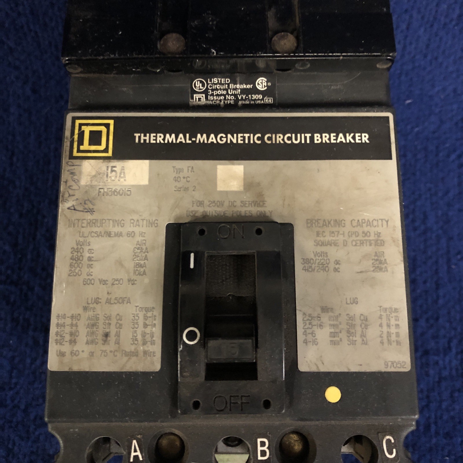 Square D FH36015 15A 600V 3Pole ILine Circuit Breaker