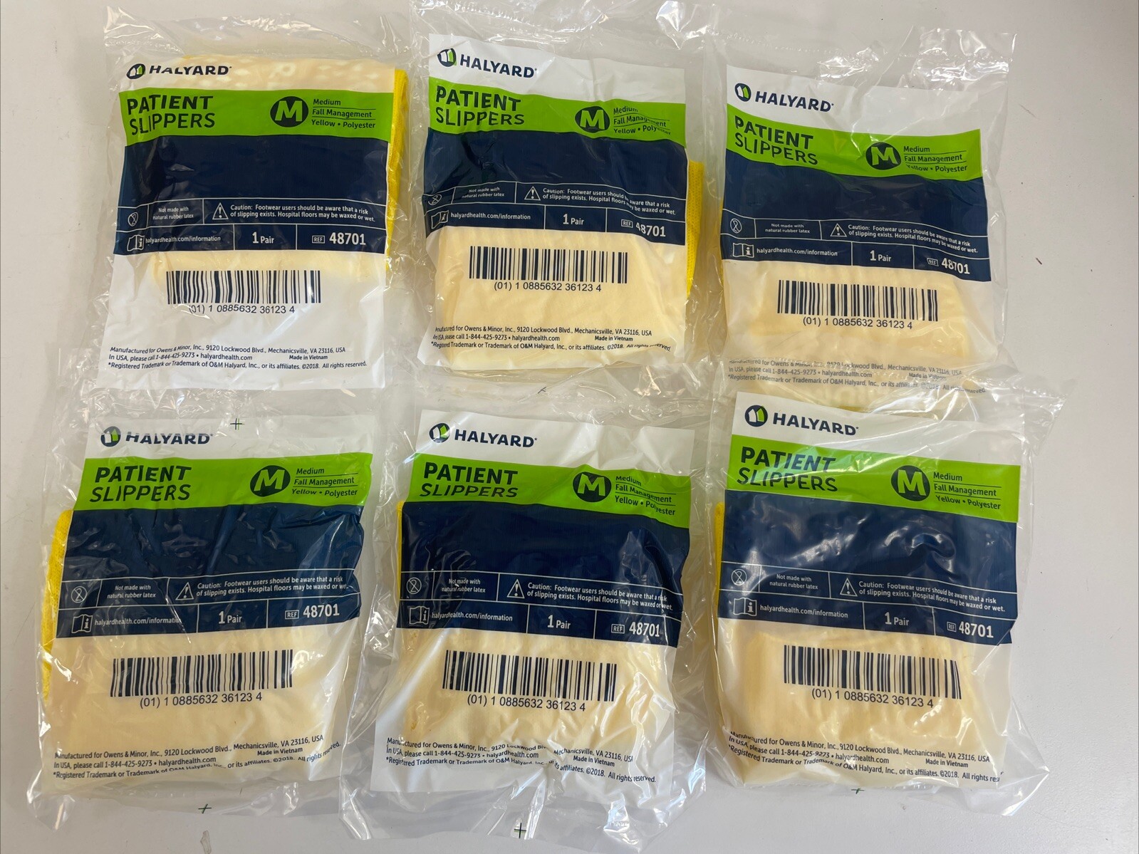 HALYARD 48701 PATIENT SLIPPERS, Medium, Yellow, Non-Skid, 6 PAIRS