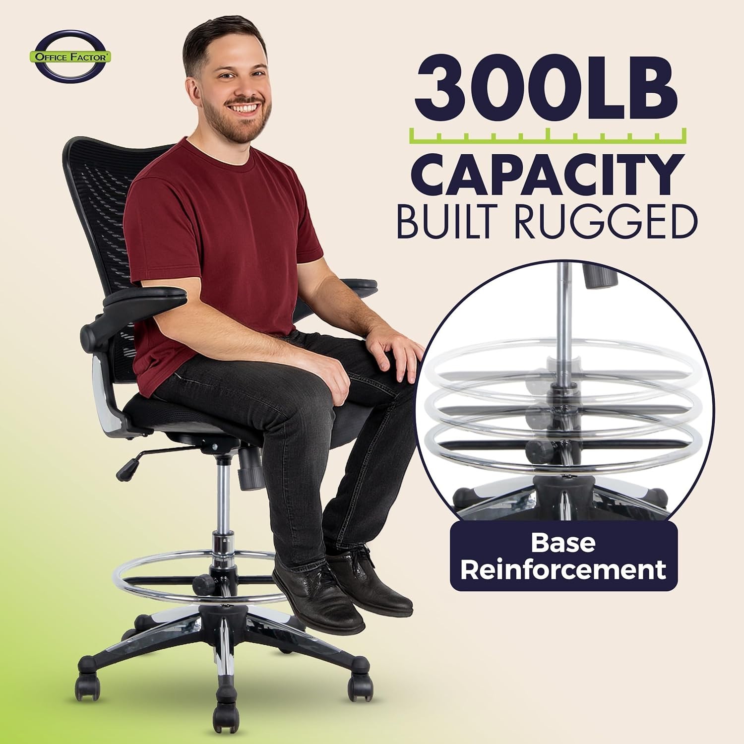 300 Lbs Support Ergonomic Drafting Chair – Adjustable Foot Ring & Cool Mesh Back