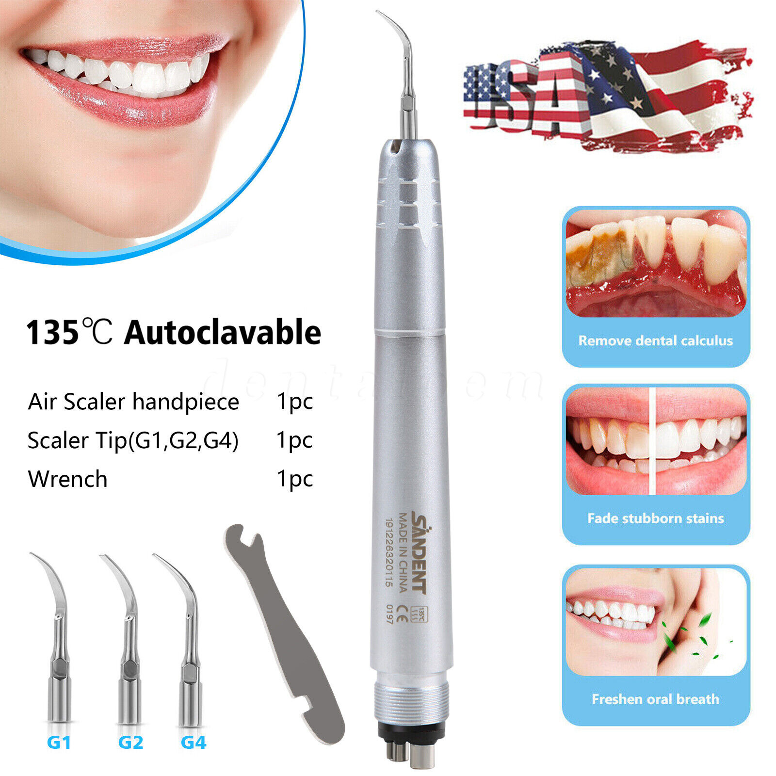 FDA Dental Piezo Air Ultrasonic Scaler 4-Hole Handpiece with 3 Scaler inserts US