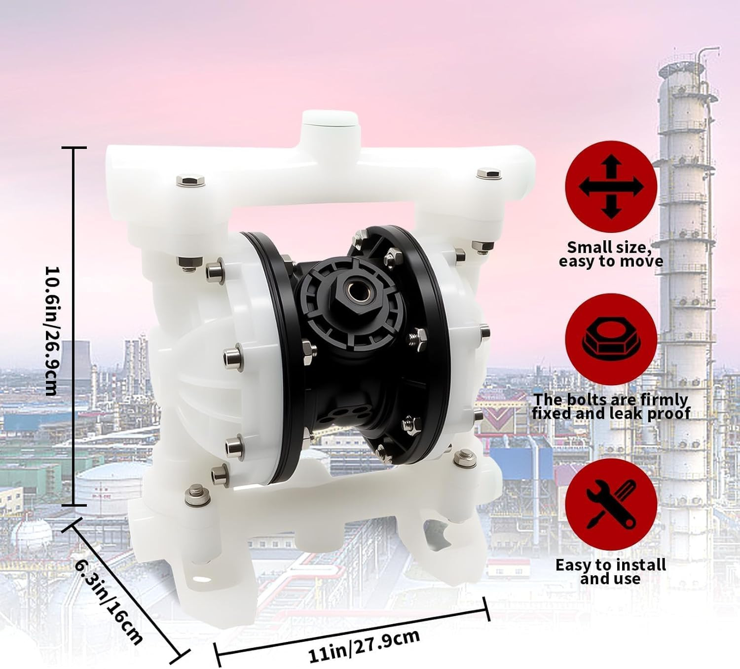 Pneumatic Double Diaphragm Pump PTFE 22GPM Max 120PSI 1″ In/Out | Used to Transp