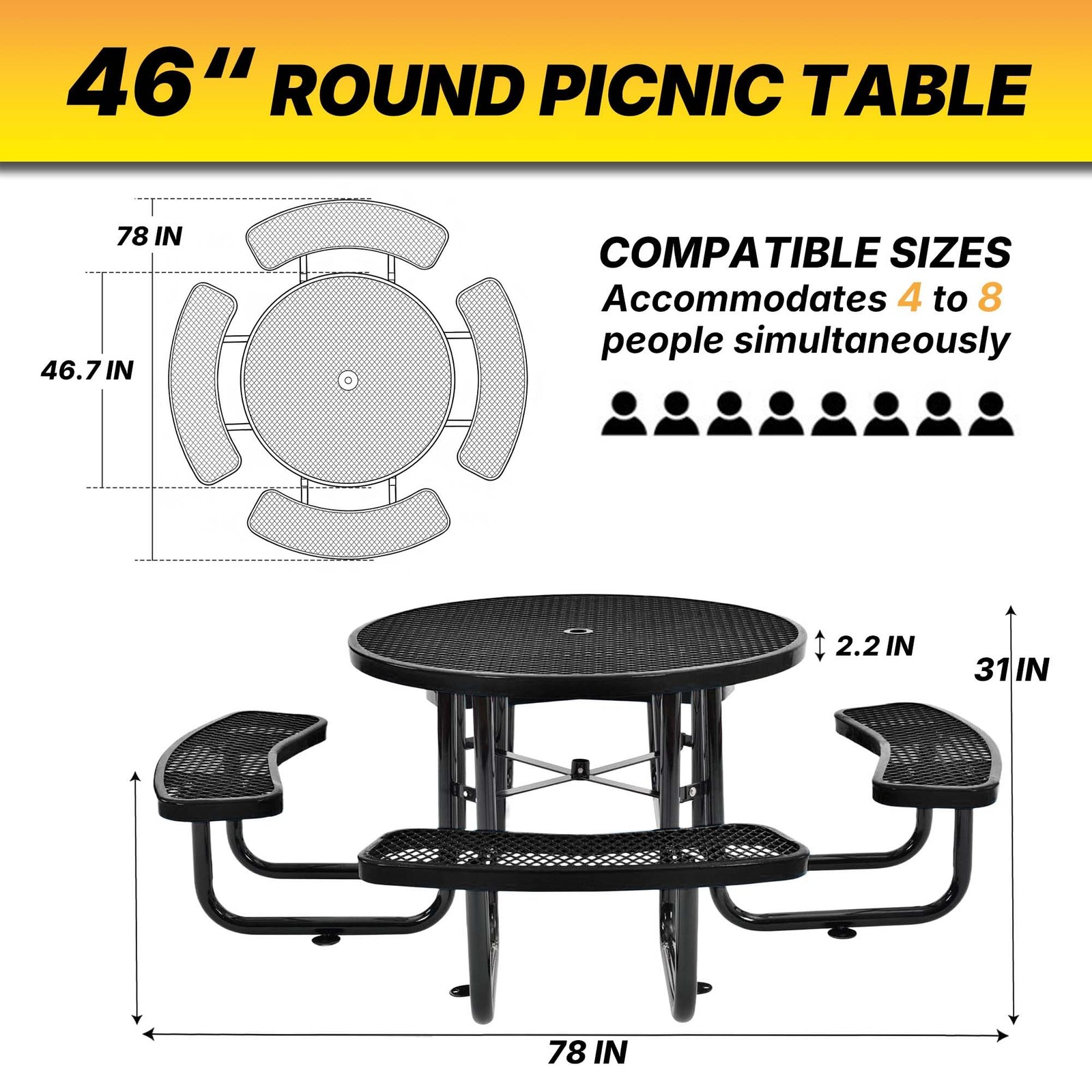 LAUCO 46-Inch Round Metal Picnic Table with Attached Benches, Black 1000 lb