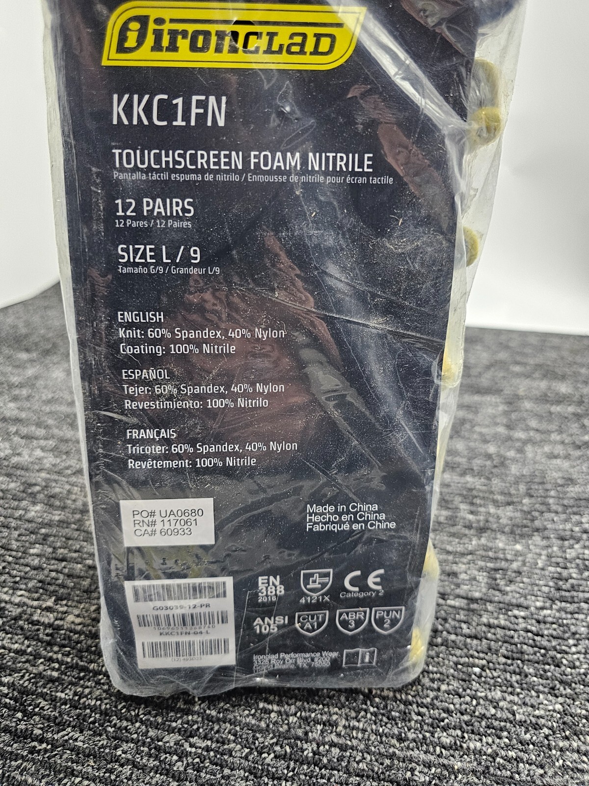 (12 PAIR) IronClad KKC1FN Knit Gloves Spandex Foam Nitrile Size Large