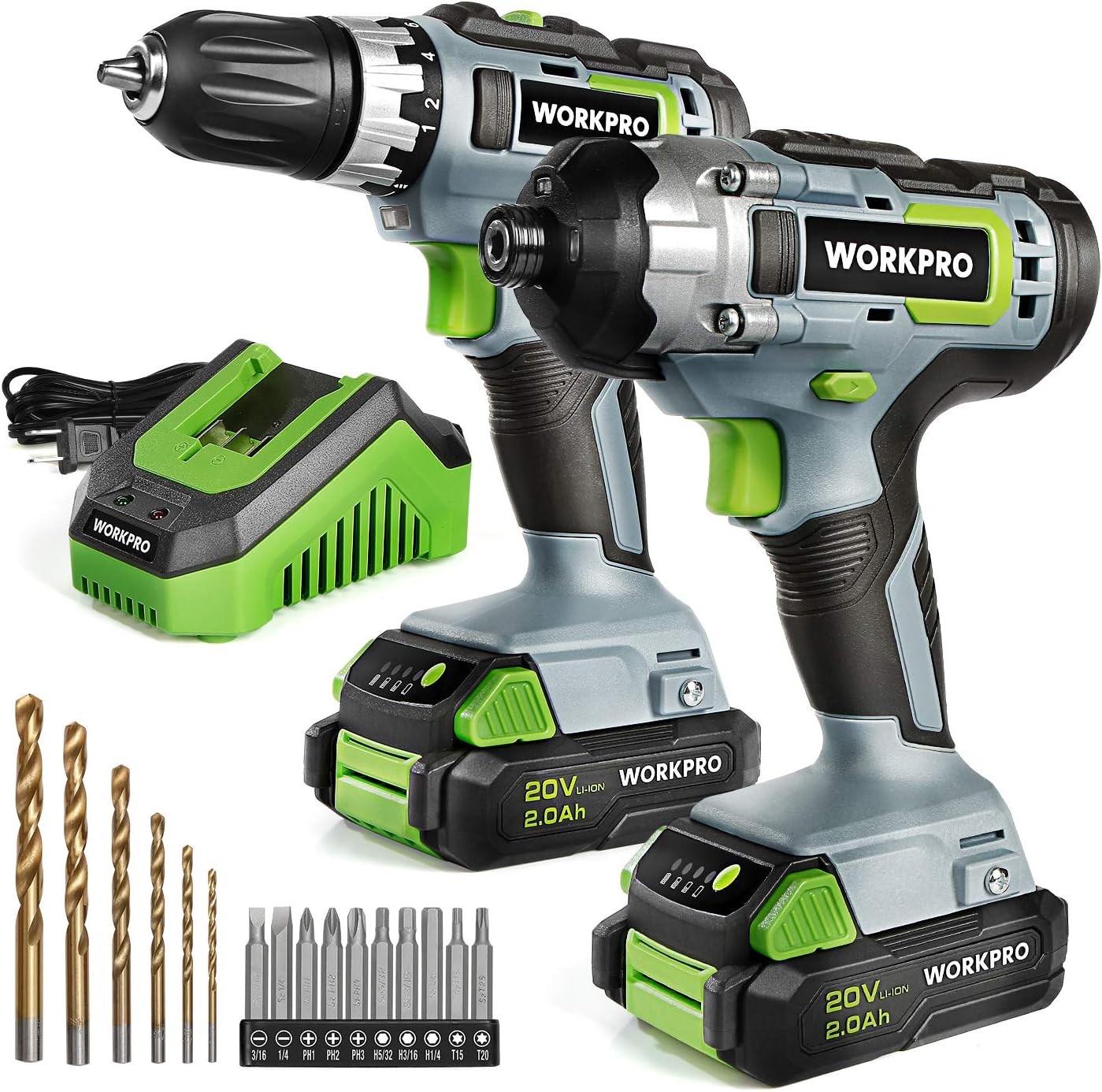 WORKPRO 20V Cordless Drill Driver Impact Driver Kit w/2PC Batteries Fast Charger