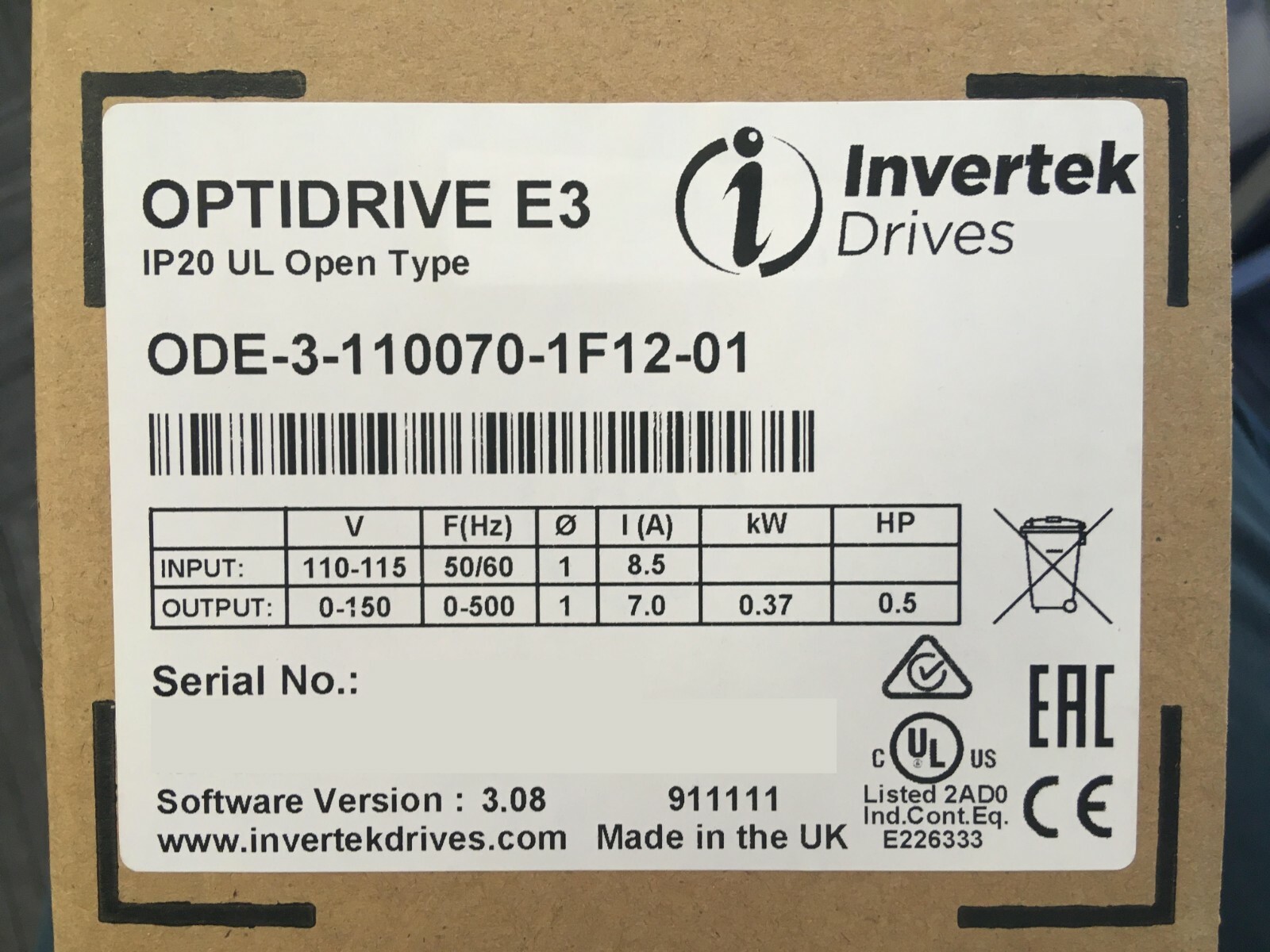 ODE-3-110070-1F12-01 – Invertek VFD – 0.5HP 7.0A 110V-115V 1Ph/1Ph – VFDexchange