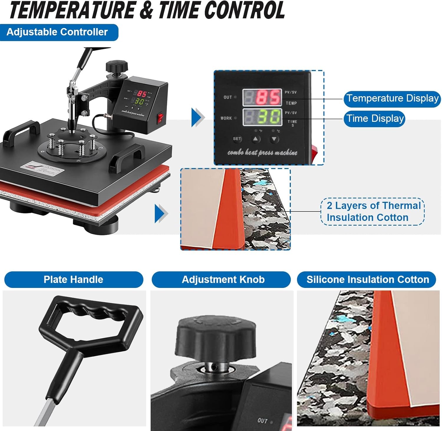5 in 1 Heat Press Machine 15x15in Transfer Sublimation T-Shirt Mug Hat Plate Cap