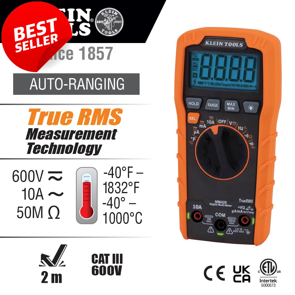 Klein Tools MM420 TRMS Digital Multimeter Auto Ranging 600V 10A Tester – US