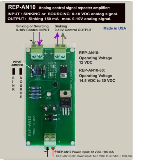 REP-AN10-30: 14.5-30V signal repeater: 0-10V sinking lighting dimmer made in USA