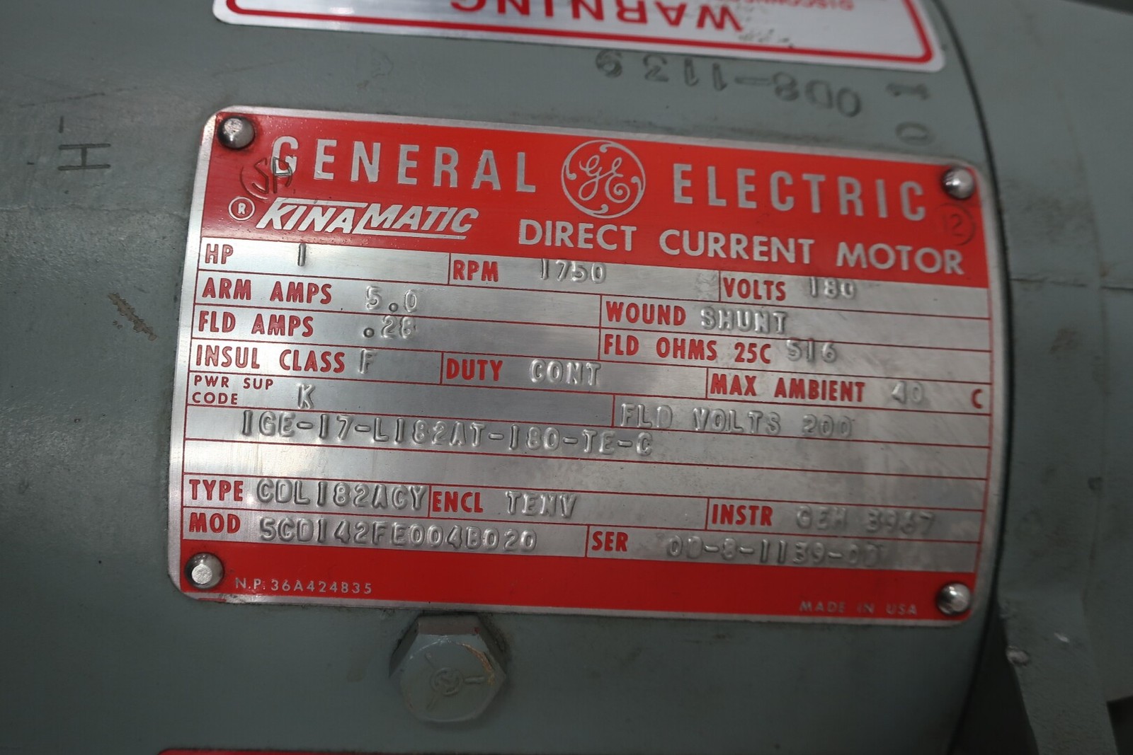 General Electric Ge 5CD142FE004B020 Kinamatic Dc Motor 1hp 1750rpm 180v-dc