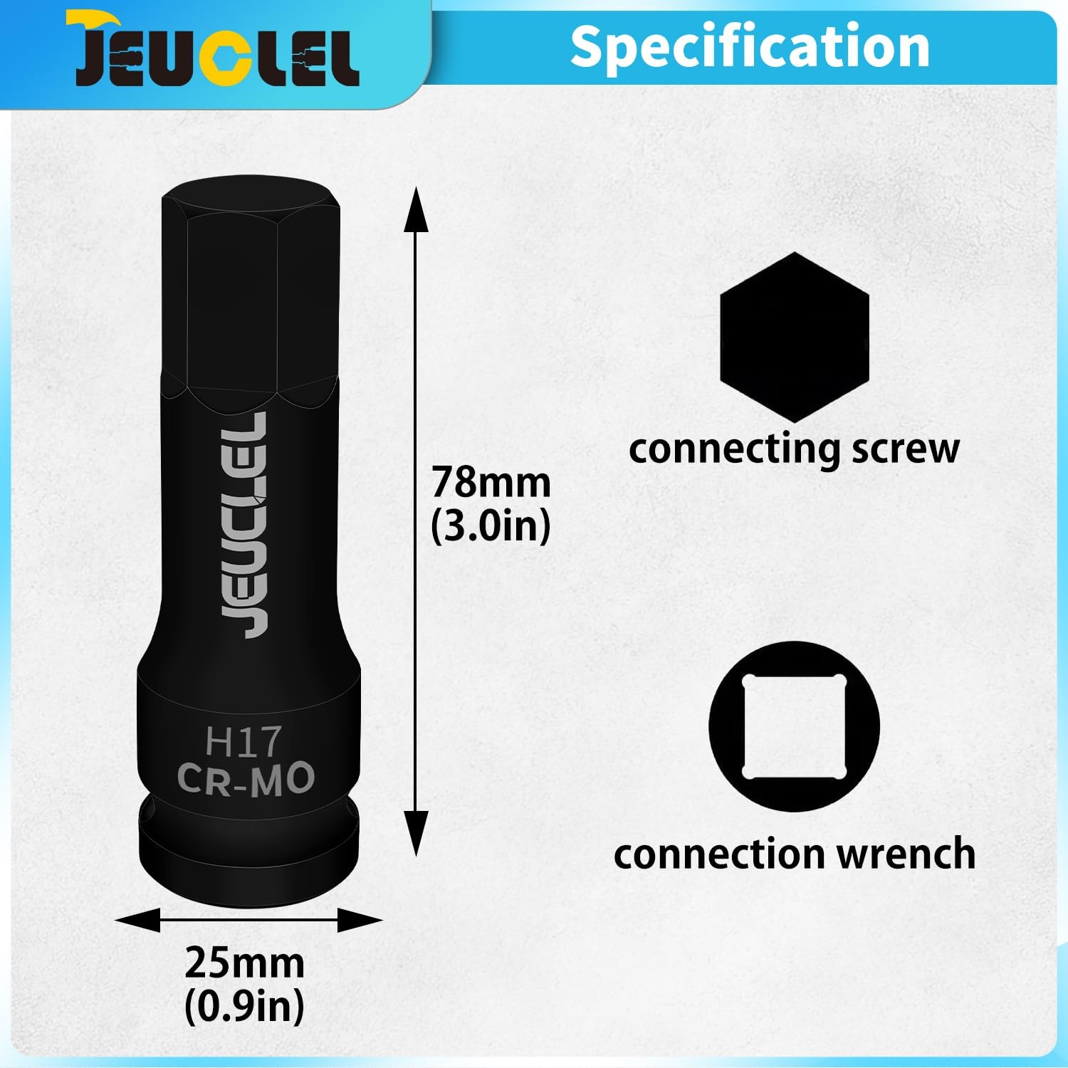 JEUCLEL 17mm Hex Impact Bit Socket, H17 1/2-Inch Drive Allen 17MM