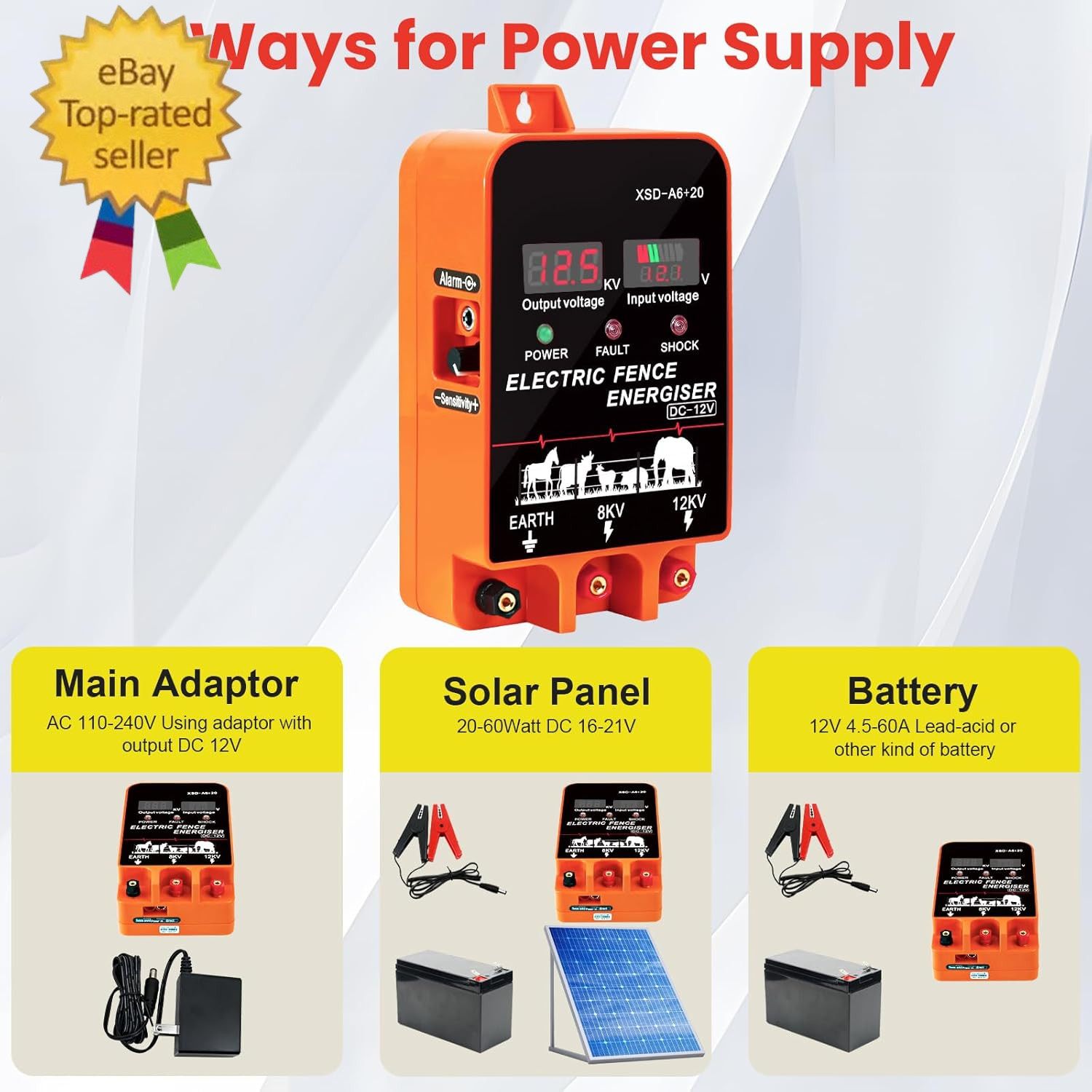 5.5J Electric Fence Charger Energizer, 5.5 Joules 10 Miles, AC DC 2 in 1 Powered