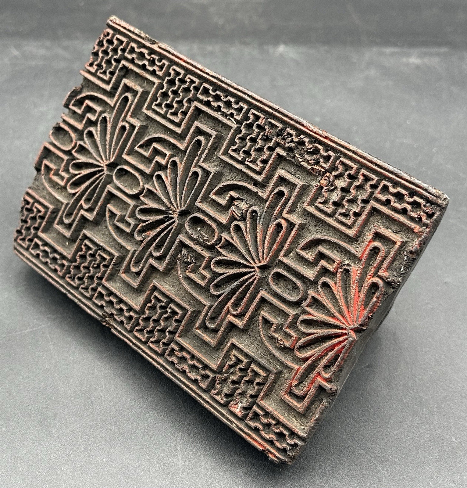 Antique Carved Wood Art Deco Geometric Textile Wallpaper Printing Block Stamp