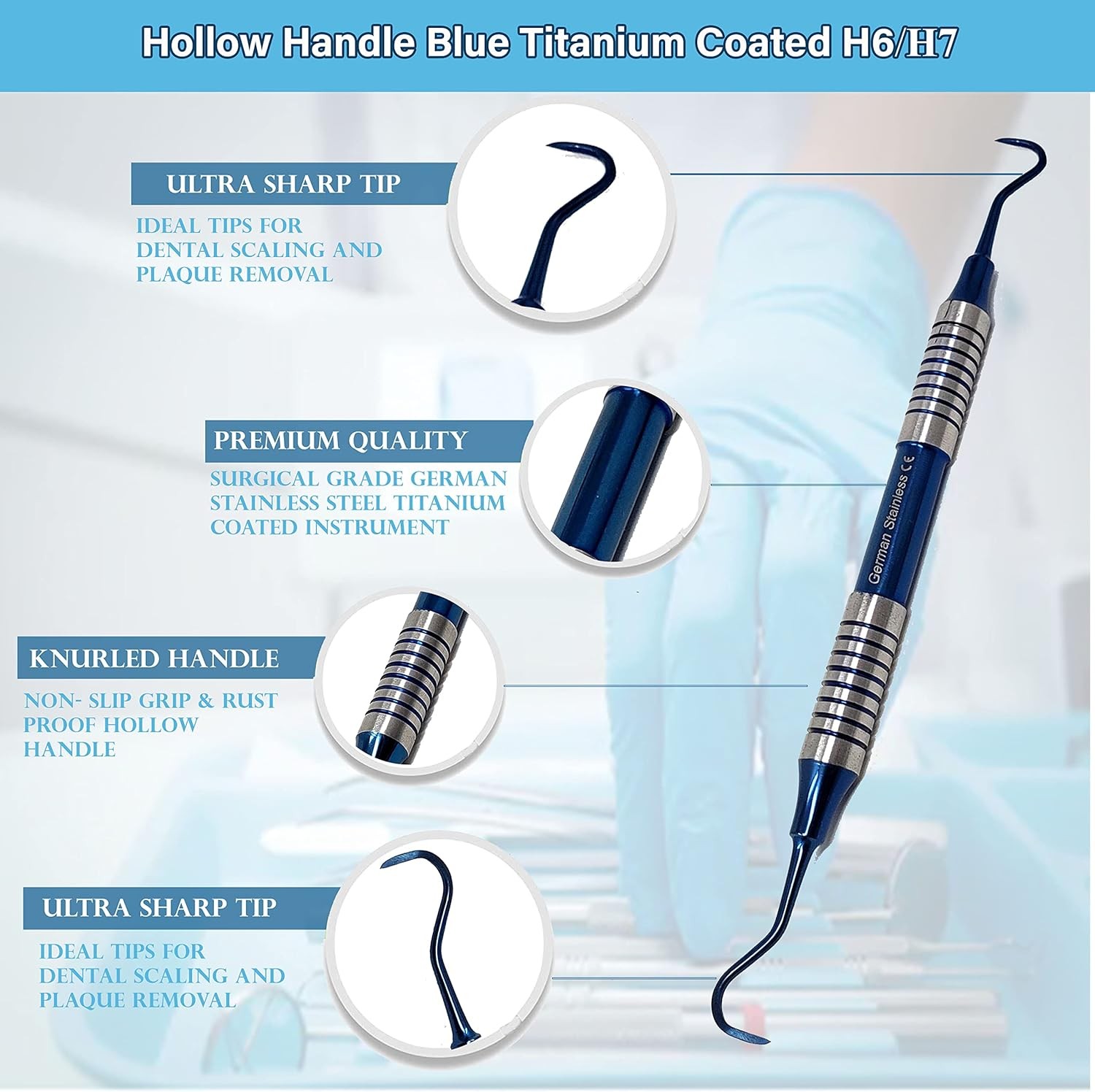 Periodontal Blue Sickle Scaler H6-H7 Anterior Double Ended Dental Instruments