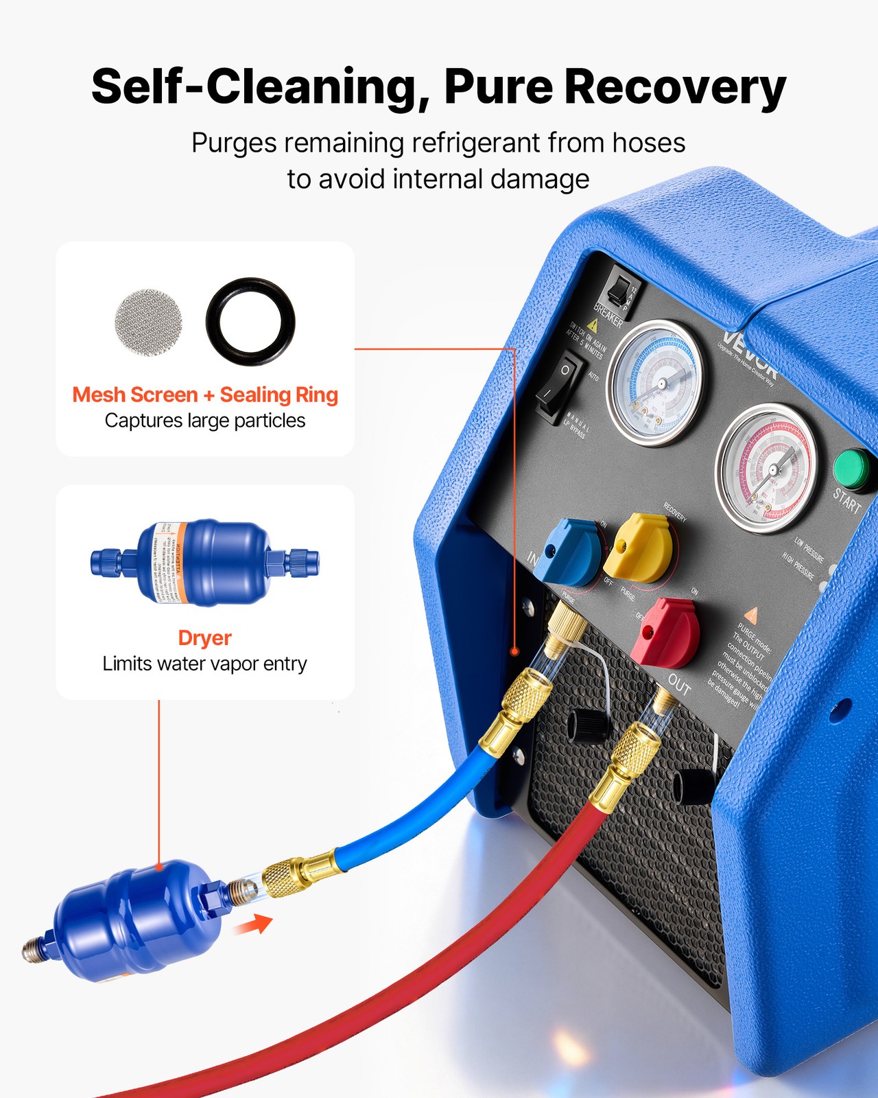 VEVOR Portable Refrigerant Recovery Machine 3/4 HP Single Cylinder Vapor Liquid