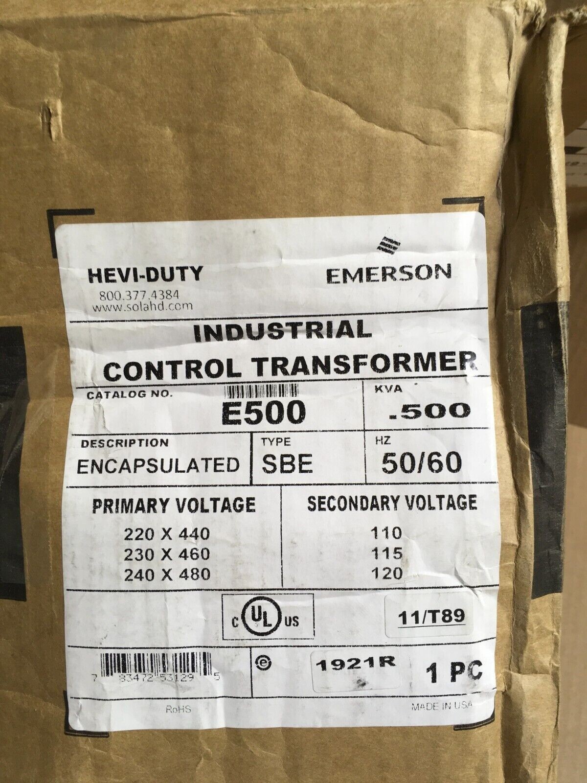 Emerson SolaHD E500 SBE Control Transformer, 240/480 VAC / 120VAC 0.5 kVA (BH)