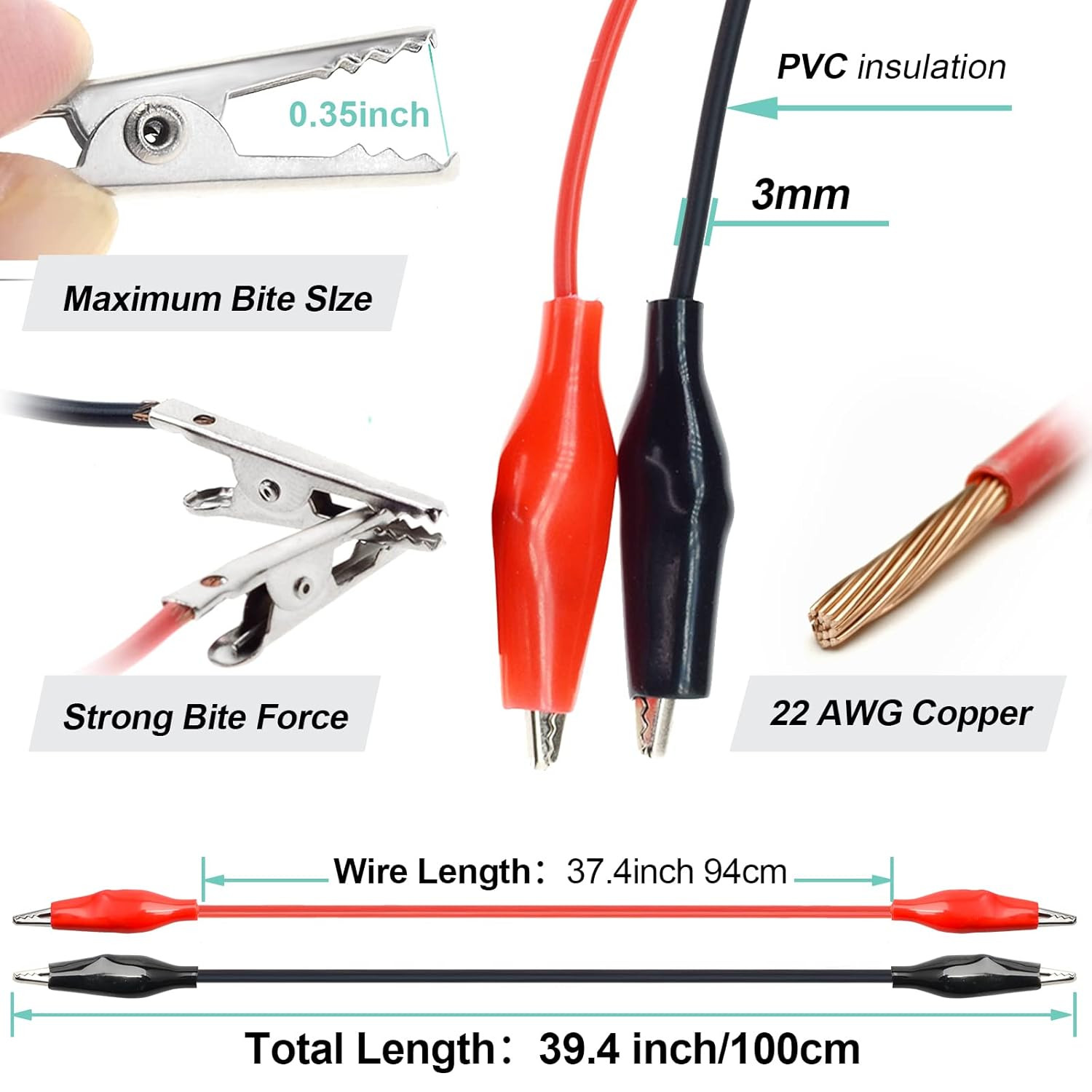 3 Pairs Alligator Clips with Wires Test Cable Red-Black 100Cm Long Adhesive Desi