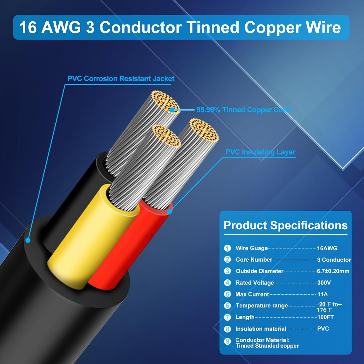 16 Gauge 3 Conductor Electrical Wire, 100FT Low Voltage 16/3 Tinned Copper Stran