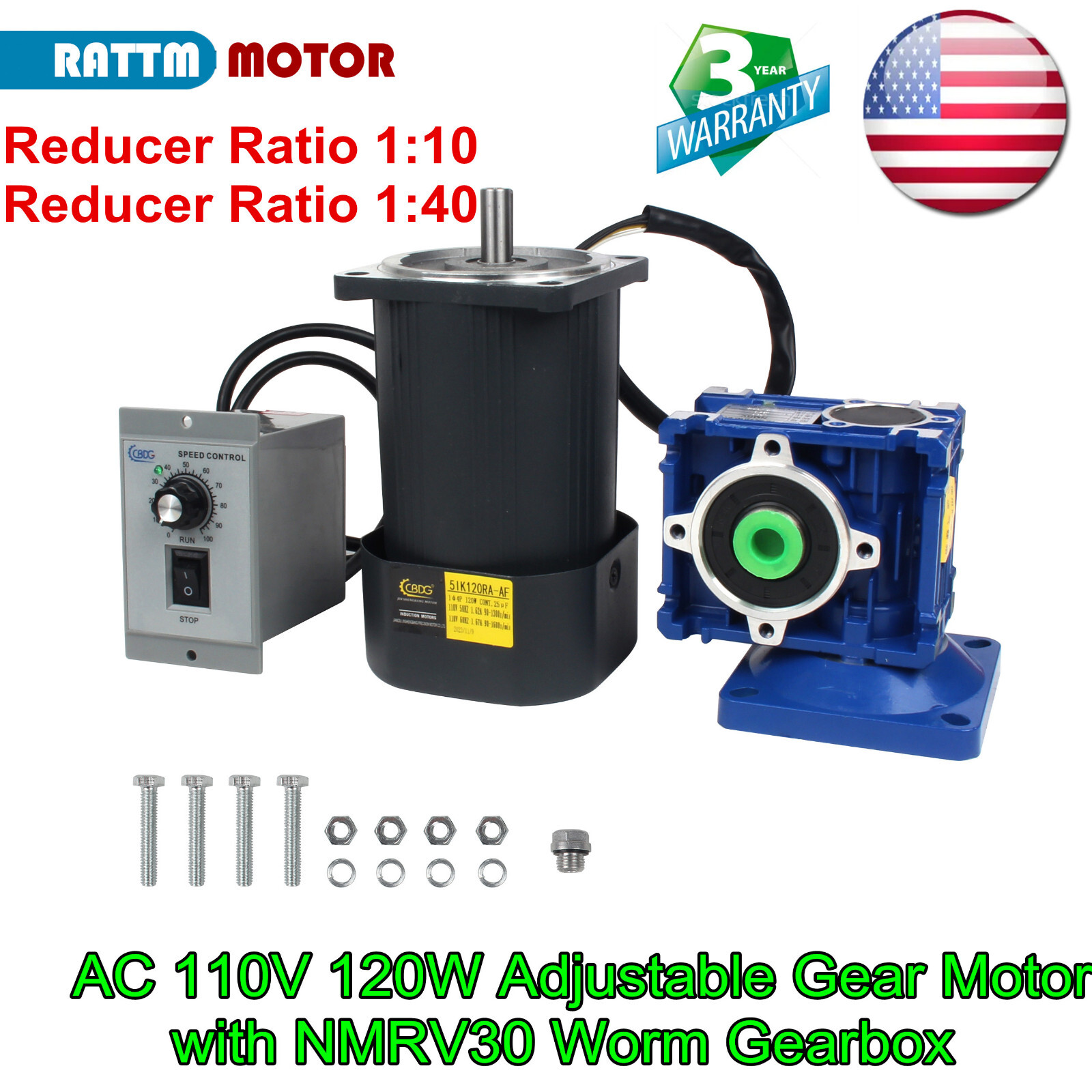 〖US〗120W AC Adjustable Variable Gear Motor 110V NMRV30 1600RPM w/ Speed Governor