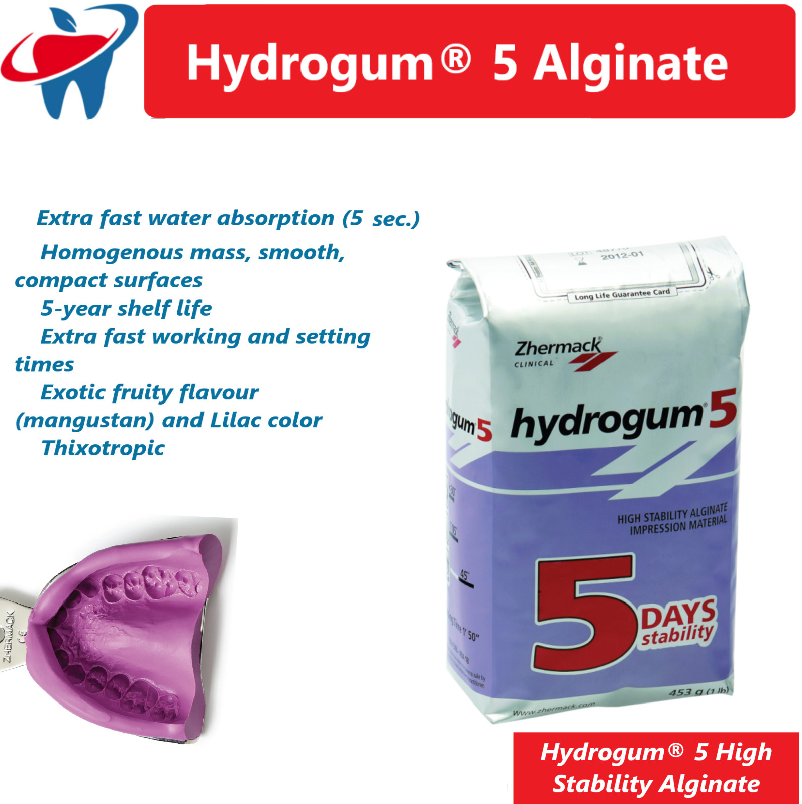 5 Bags x Zhermack Hydrogum 5 Dental VPS Impression Alginate 1 Lbs Extra Fast Set