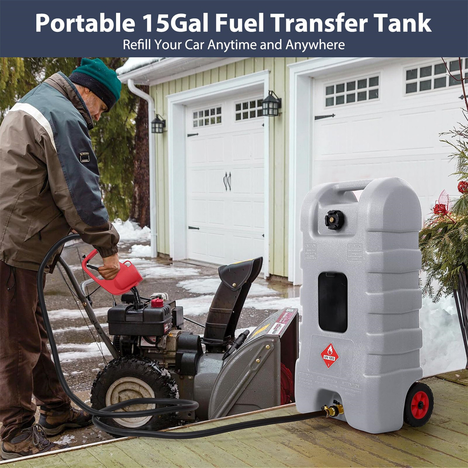 15 Gal Portable Fuel Tank Caddy, Manual Siphon Pump & 10FT Hose for Gas Diesel