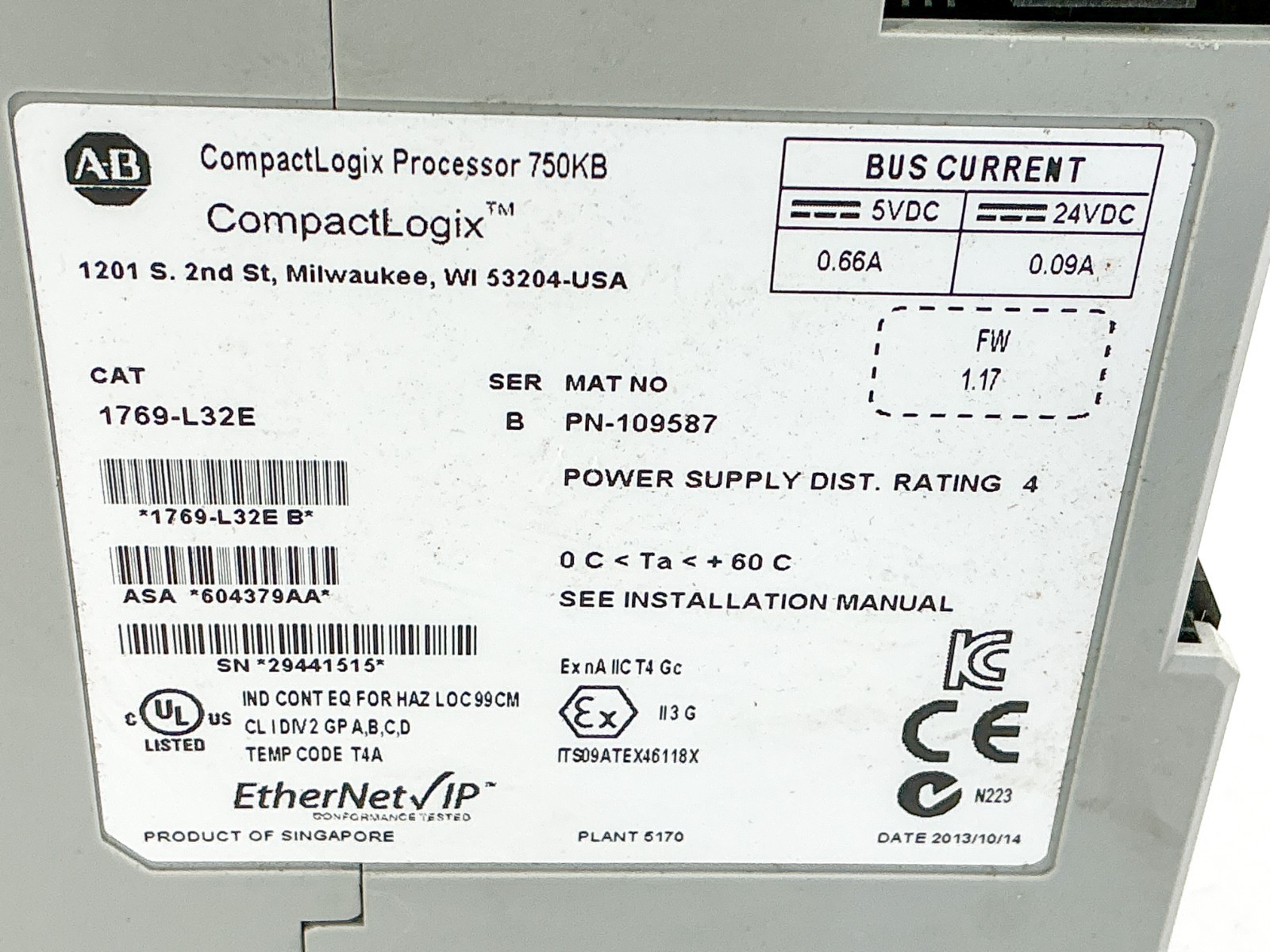 New Allen Bradley 1769-L32E CompactLogix Processor 750KB 24VDC Ser.B – No Box