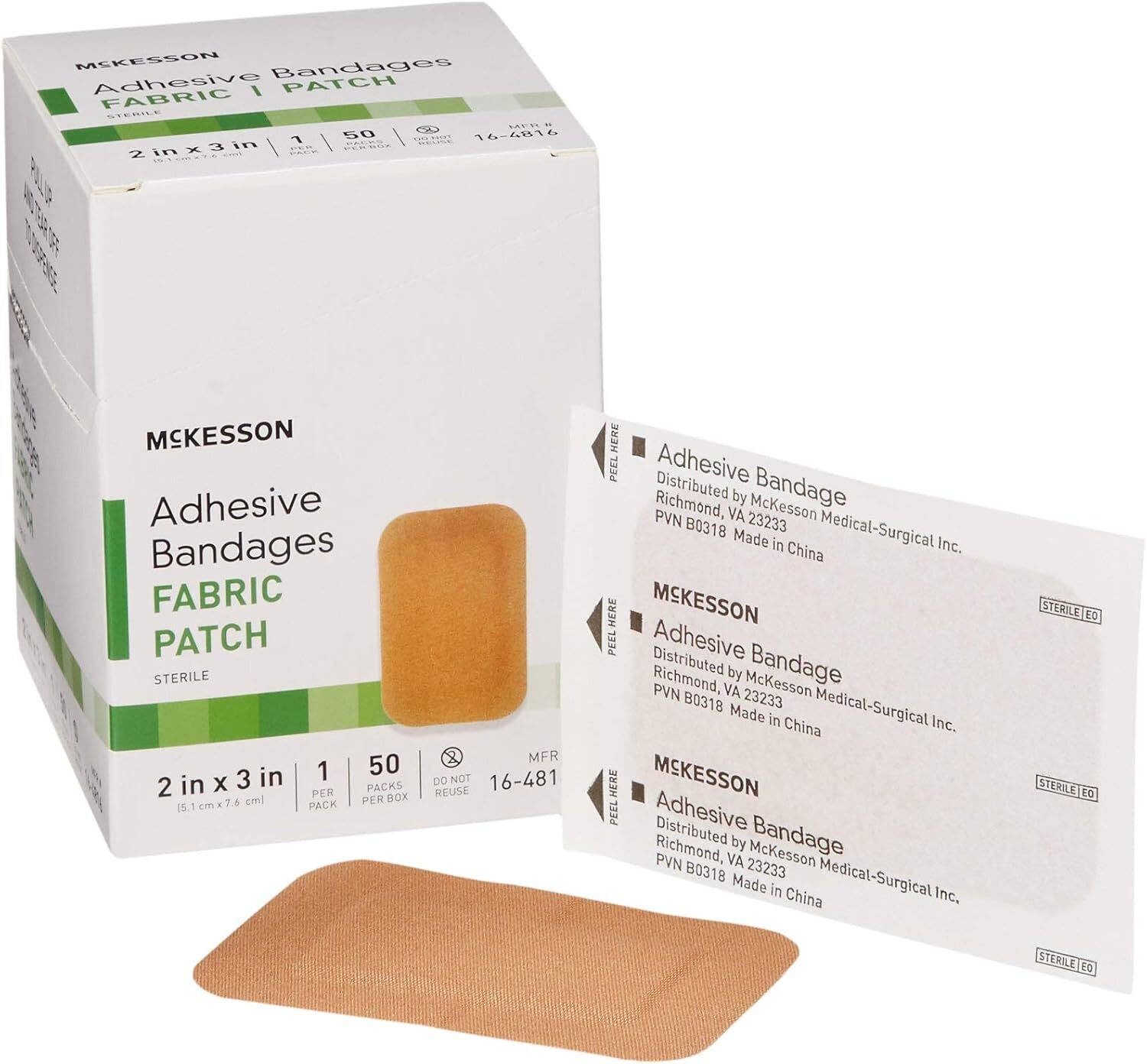McKesson Adhesive Bandages, Sterile, Fabric Patch, 2 in 2 X 3 Inch, 50 Count