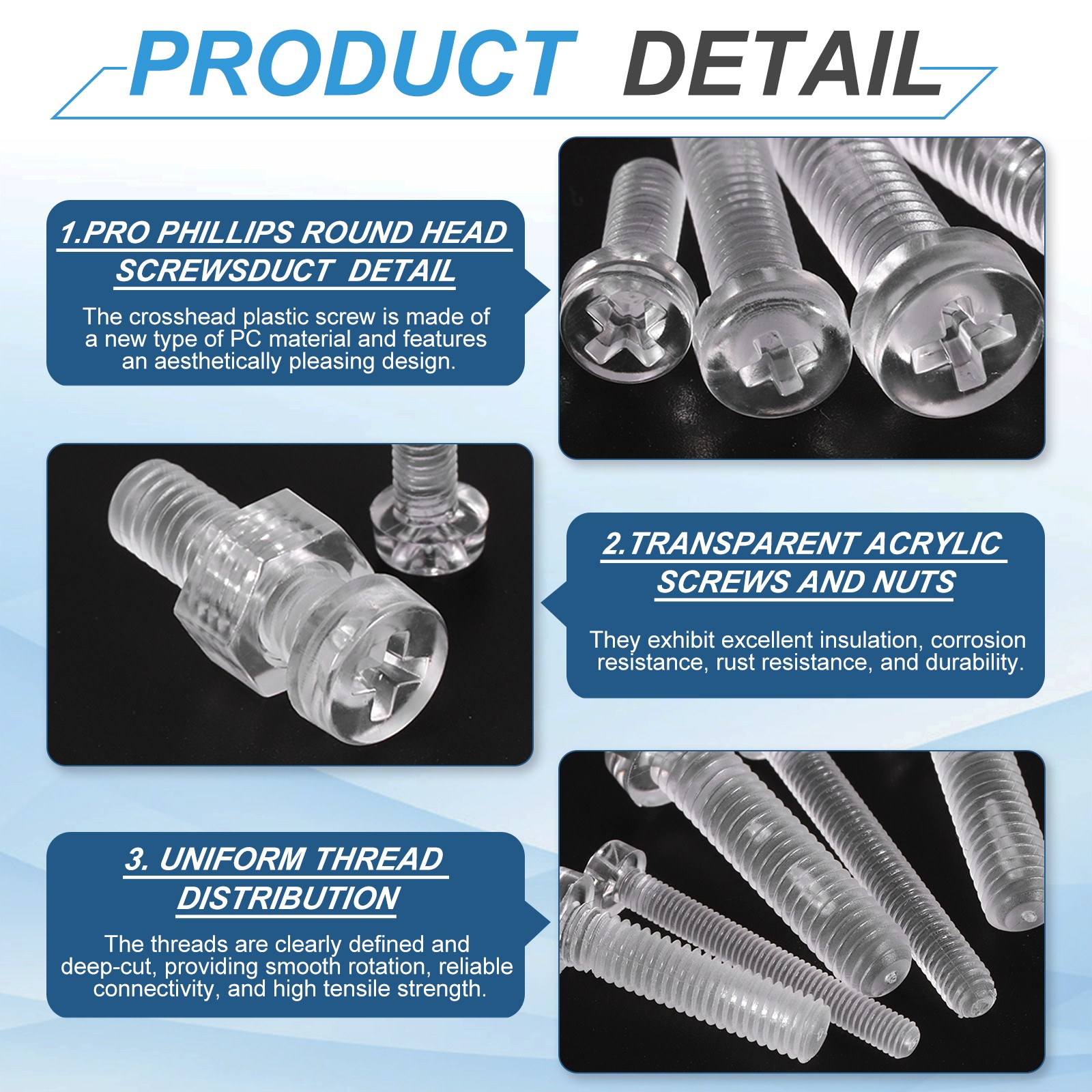 20 Set M5x15mm Clear Acrylic Phillips Round Head Screws with Hex Nuts Kit