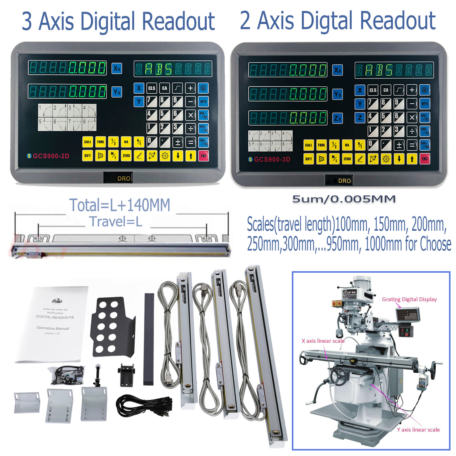 2/3 Axis Digital Readout DRO TTL 5um Linear Glass Scale Encoder Milling Lathe US