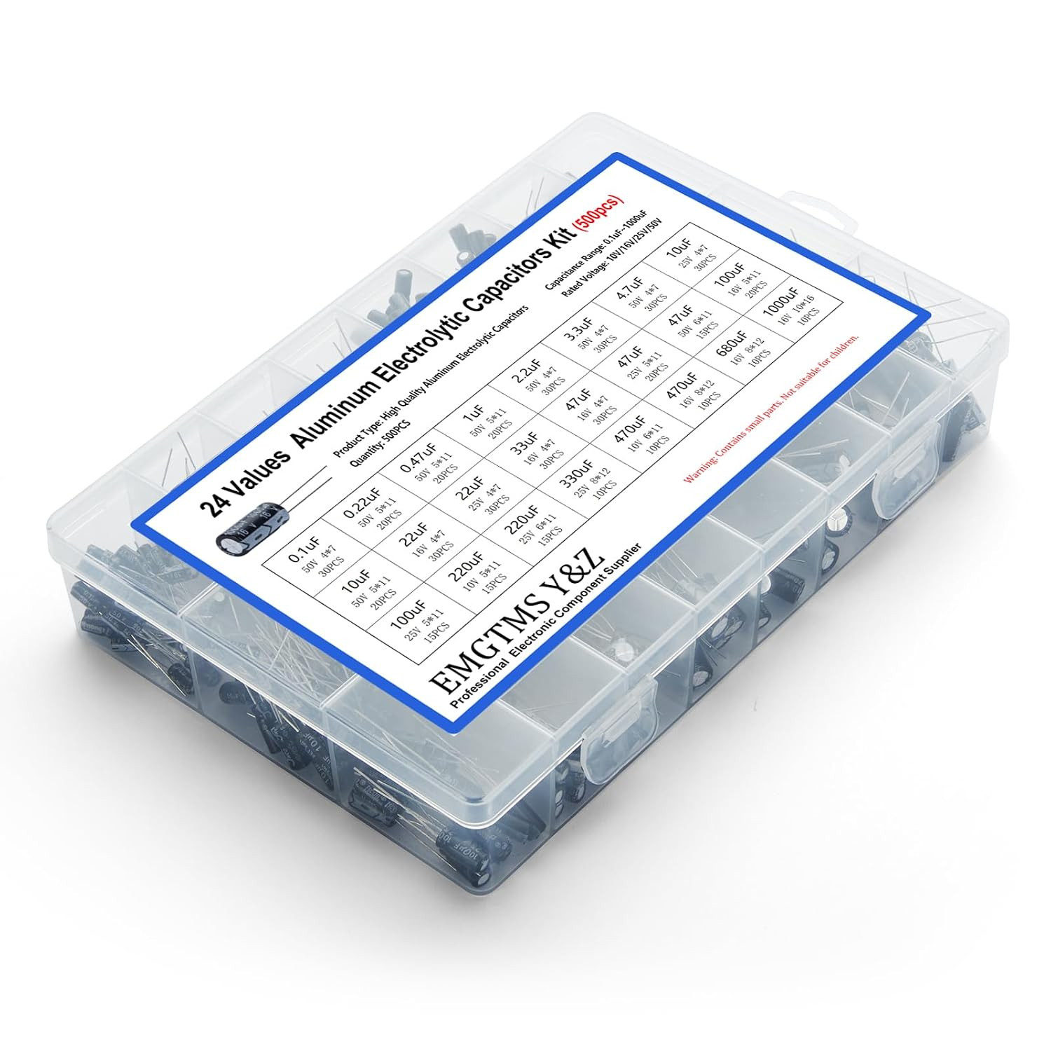 500Pcs 24-Value Aluminum Electrolytic Capacitors Assortment Kit | 0.1Uf-1000Uf