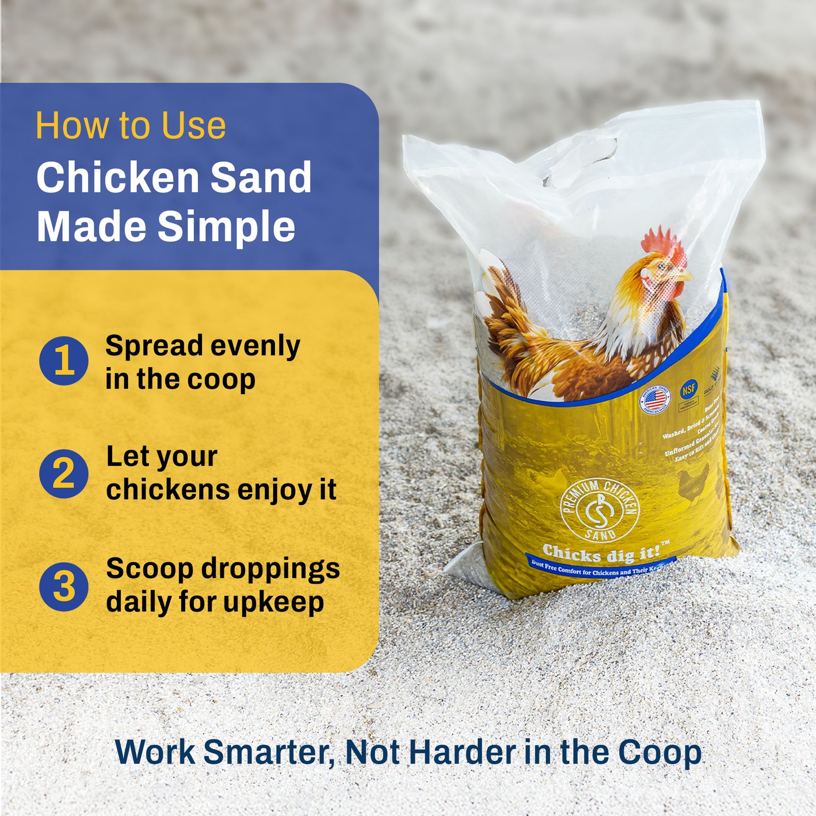 Premium Chicken Sand, Odor Eliminating Bedding for Chicken Coops, 50 Lb Bag