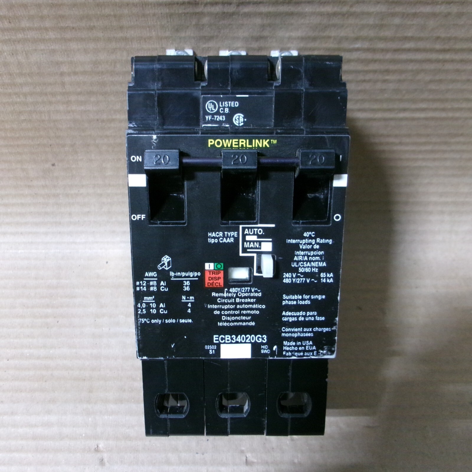 Square D ECB ECB34020G3 3 Pole 20 Amp 480/277V Powerlink Circuit Breaker
