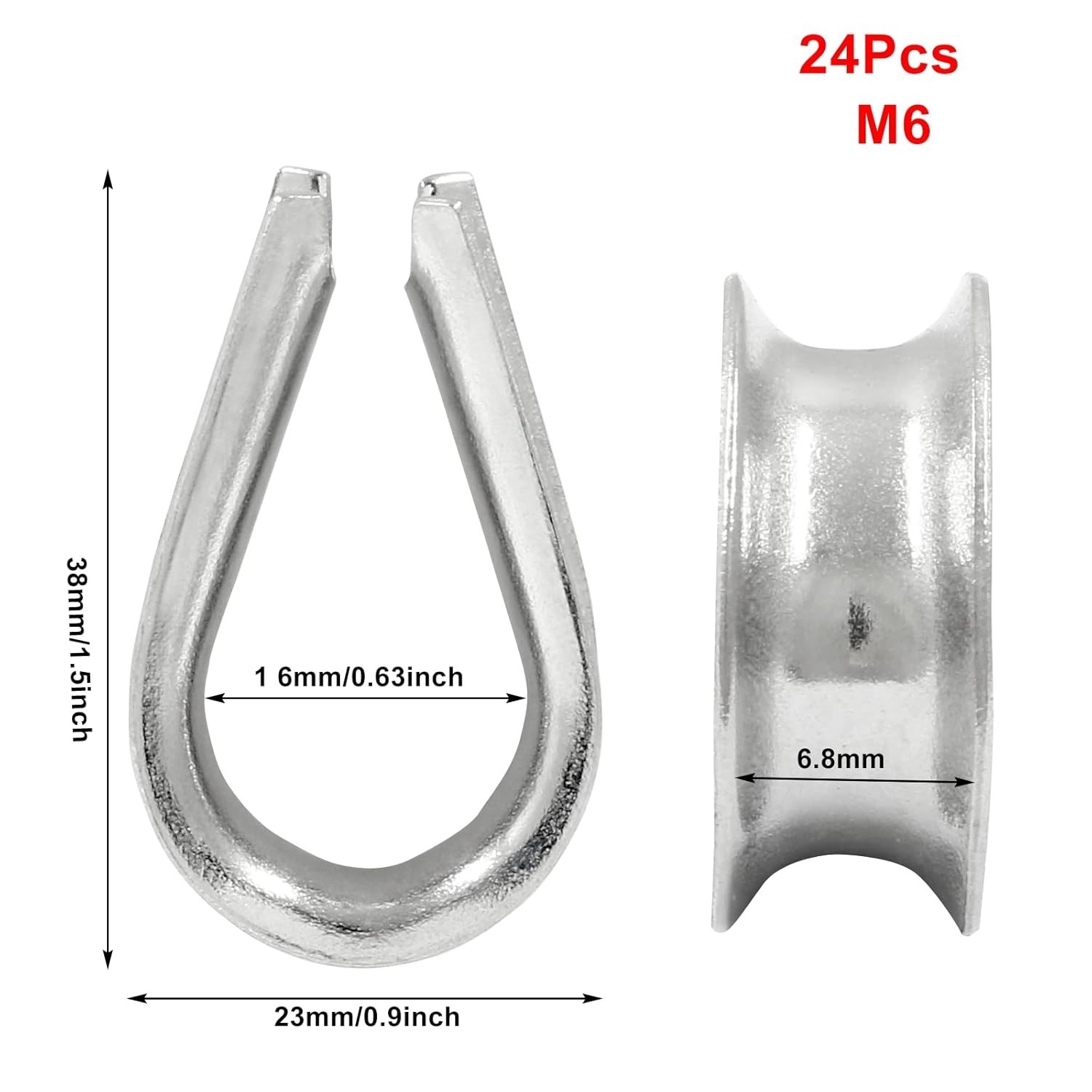 24Pcs M6 Stainless Steel Thimbles, Wire Rope Cable Thimbles Rigging for 1/4 Inch