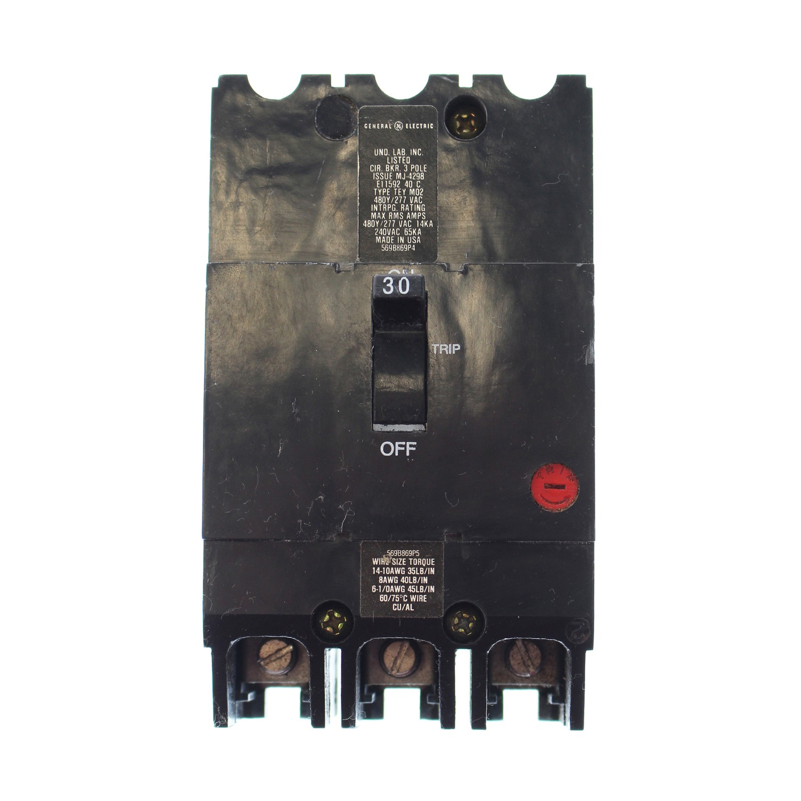 GE TEY330 CIRCUIT BREAKER, 480/277-VOLT, 3-POLE, 30-AMP, BRK / TEY FRAME