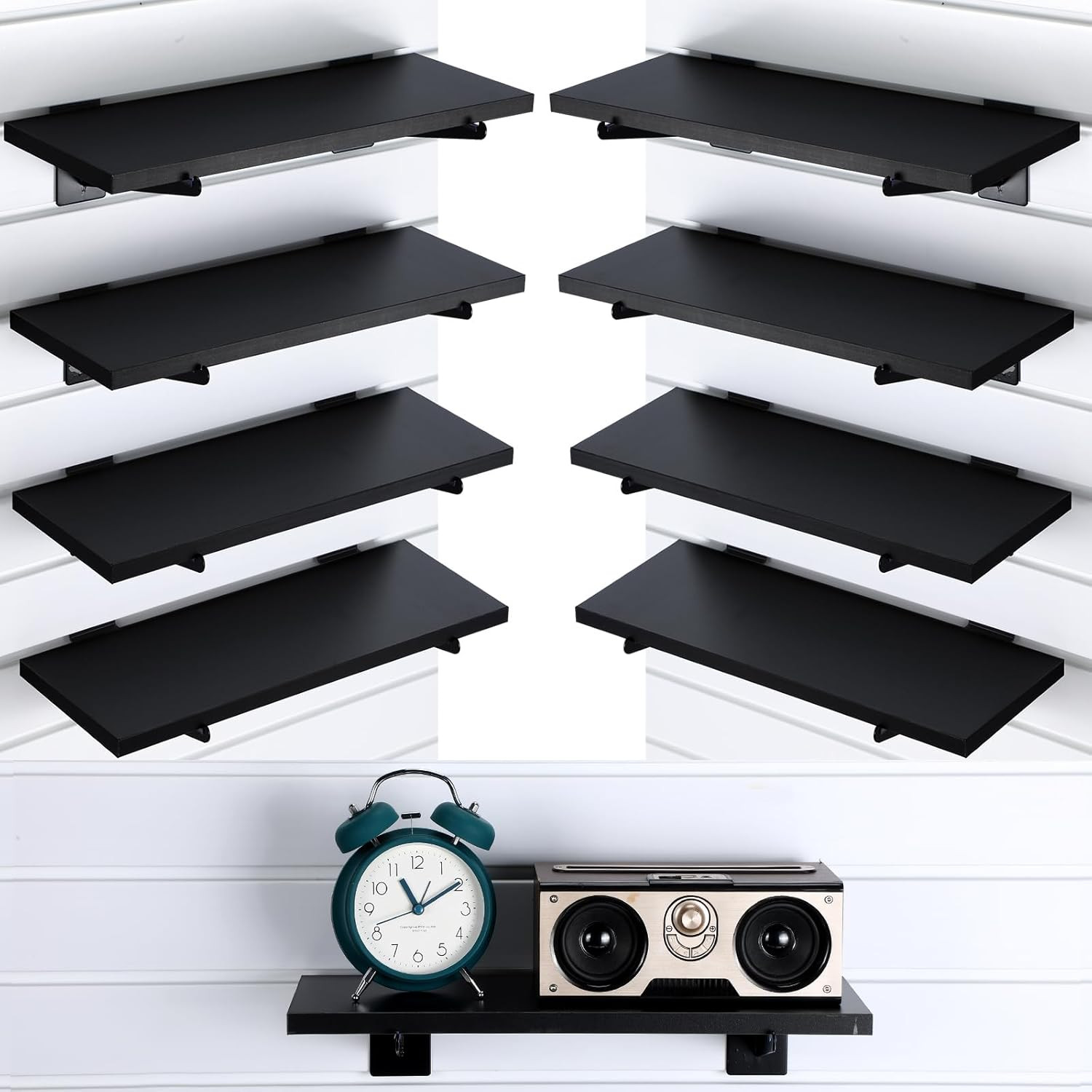 Beeveer 8 Pack Wooden Slatwall Shelf Set 15.7 × 5.9 Inch Black Slatwall Shelves
