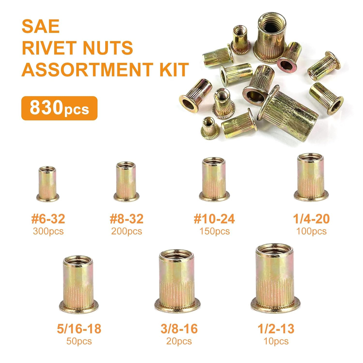 Rivet Nut Tool Kit, 830Pcs Sae/Metric Rivet Nut Assortment Kit