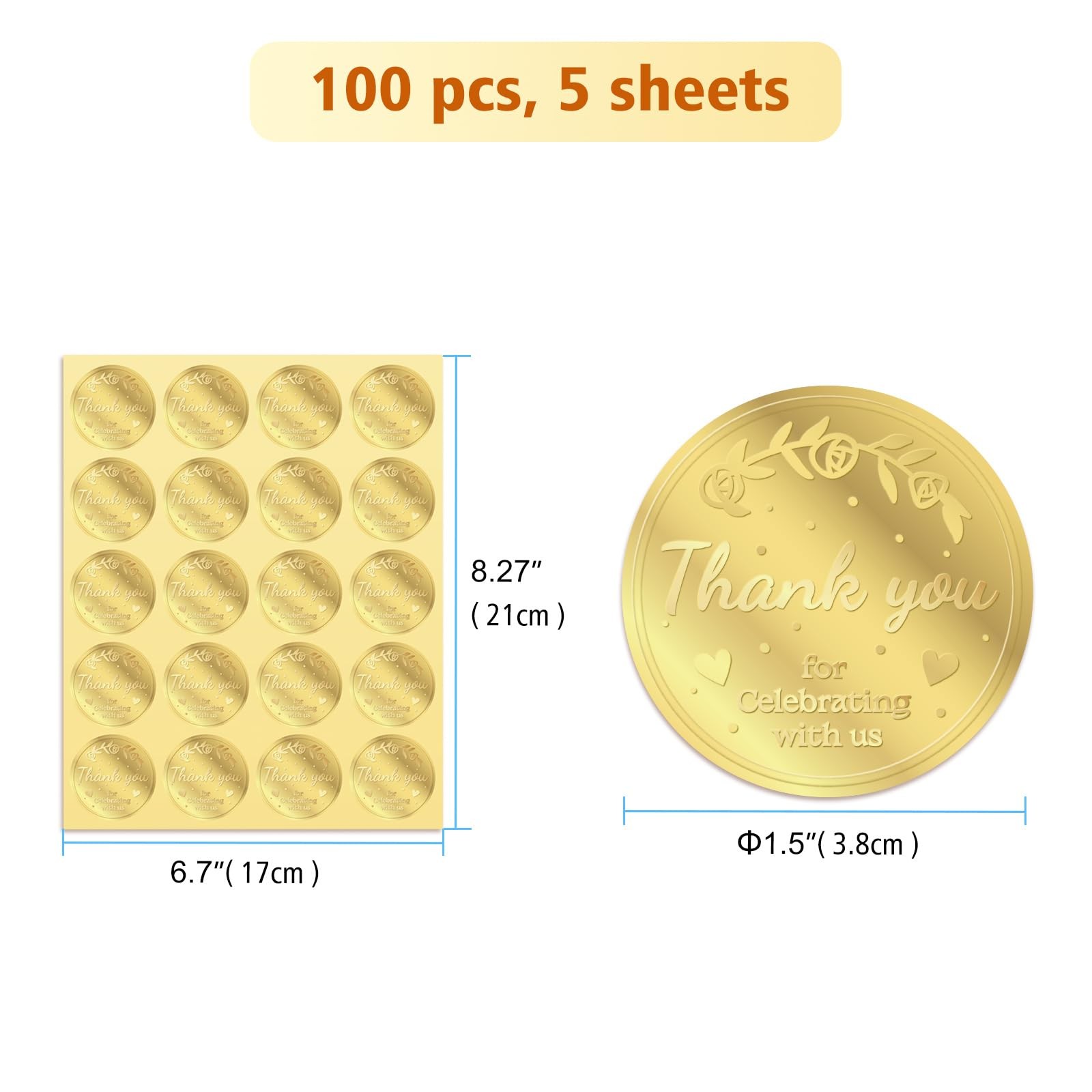 100 x Thank You for Celebrating with us Favor Stickers Labels, Gold Foil