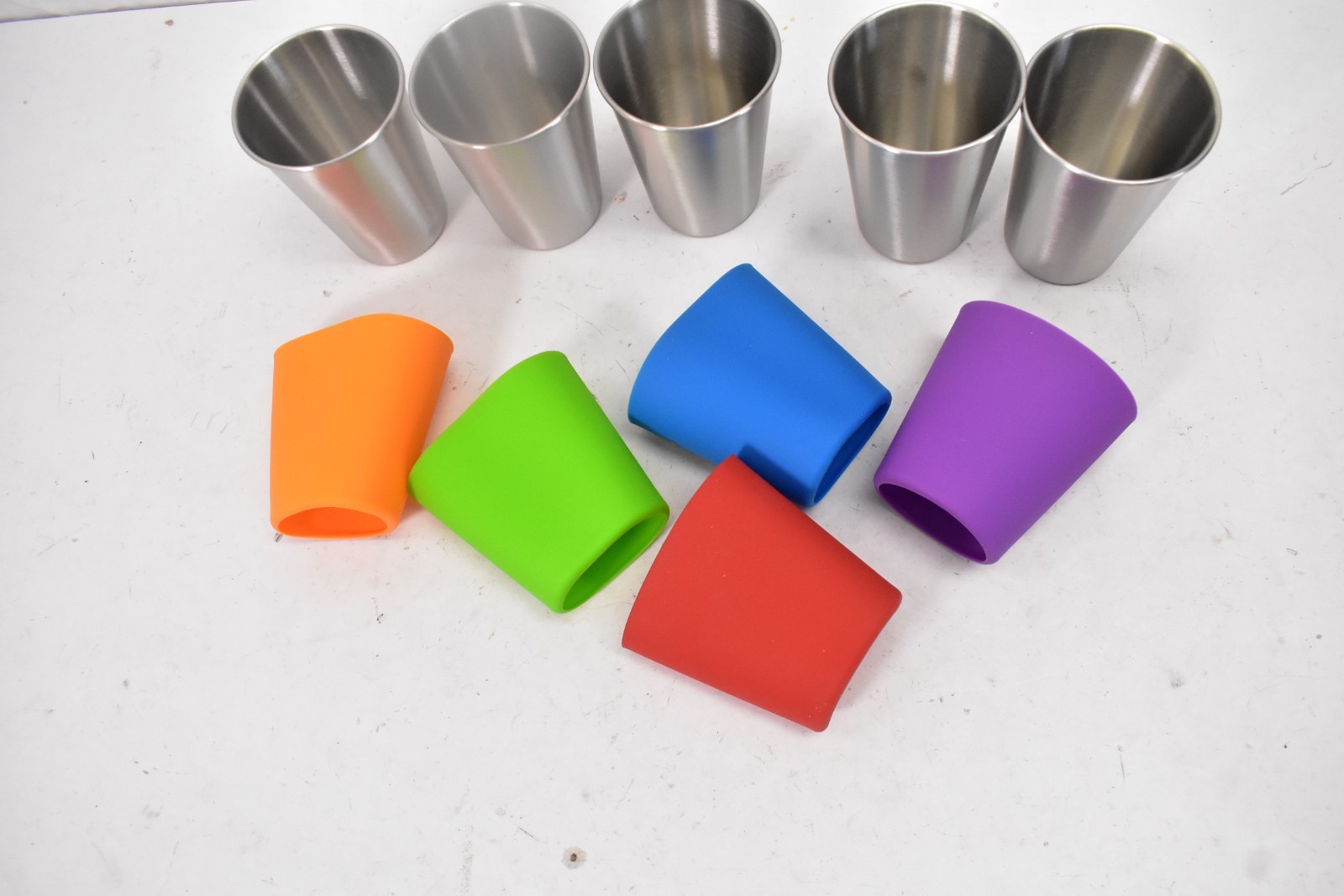 Lot of 5 Stainless Steel Cups w Colored Sleeves Small/Mini Size Cups Assorted