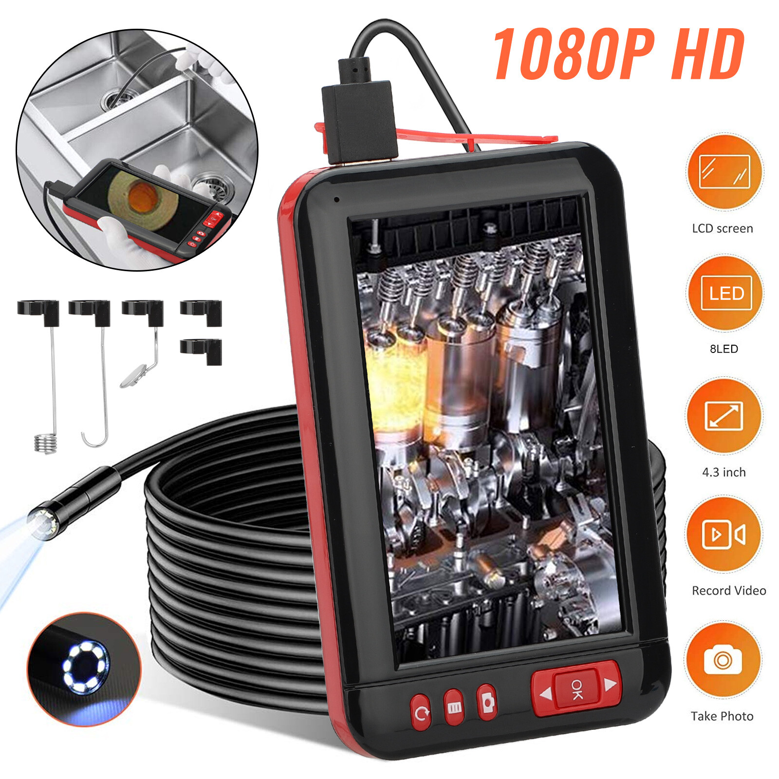 1080P HD Industrial Endoscope Borescope 4.3» Screen 8mm Inspection Snake Camera