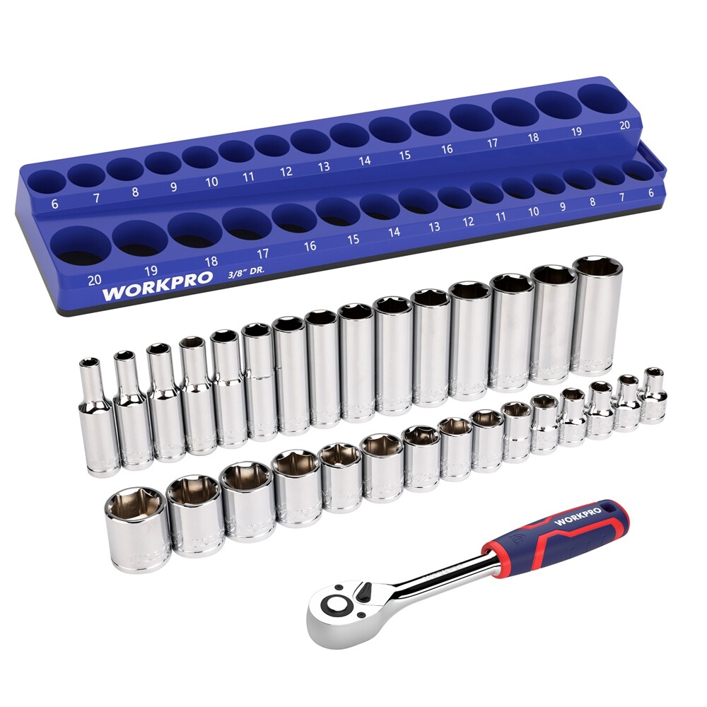 WORKPRO 32PC Mechanics Tool Kit 3/8″ Drive 30 Metric Deep Shallow Sockets 6-20mm
