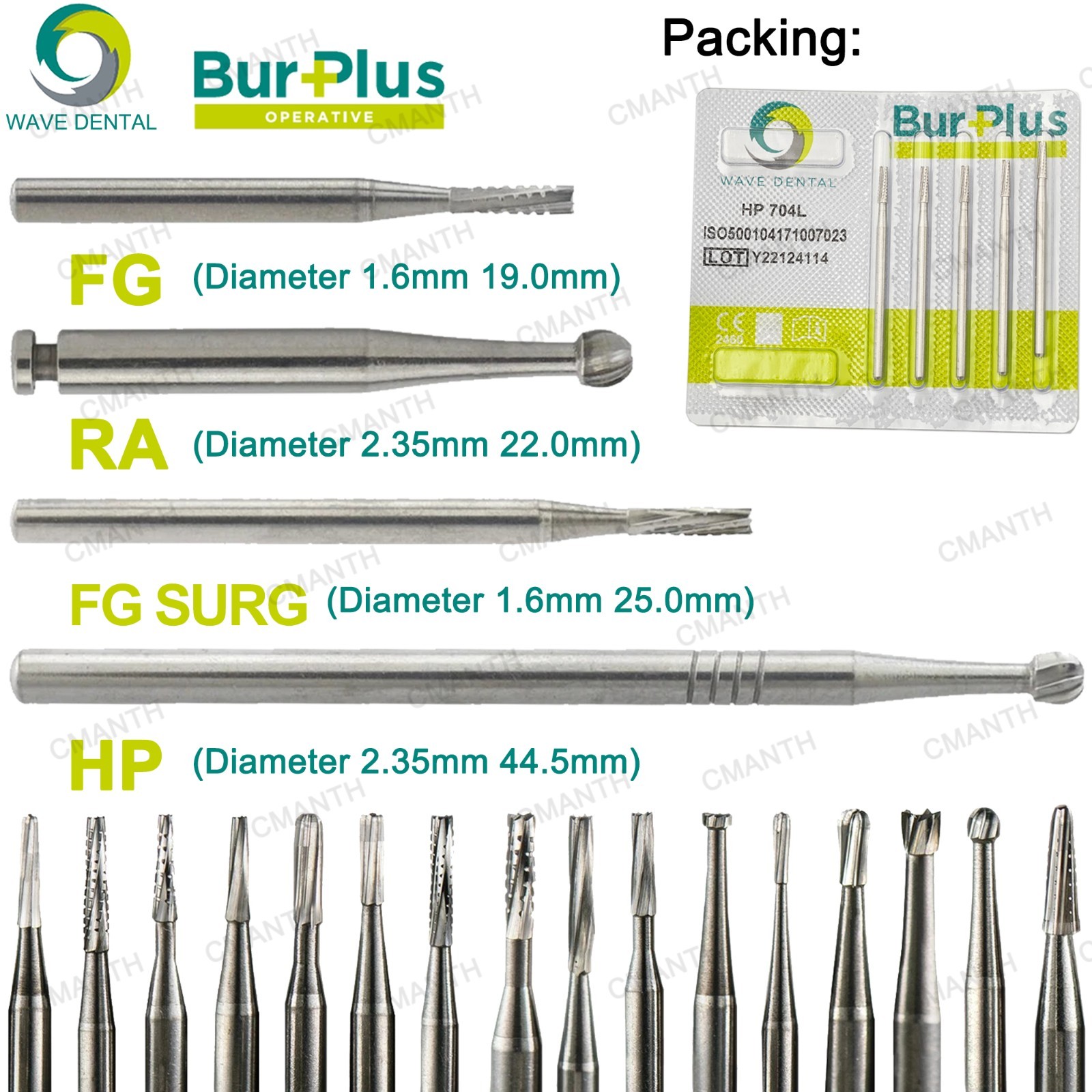 US WAVE Dental Surgical Burs Tungsten Carbide Bur Round HP 44.5mm For Slow Speed