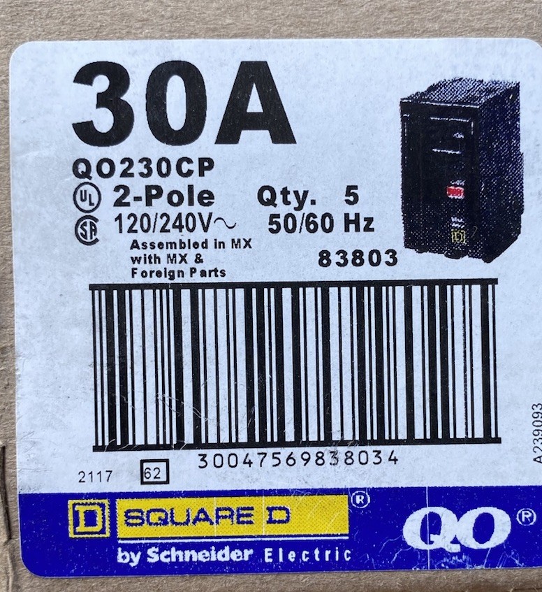 (Box Of 5) Sqare D QO230 Plug-On Circuit Breaker 2-Pole, 30 Amp