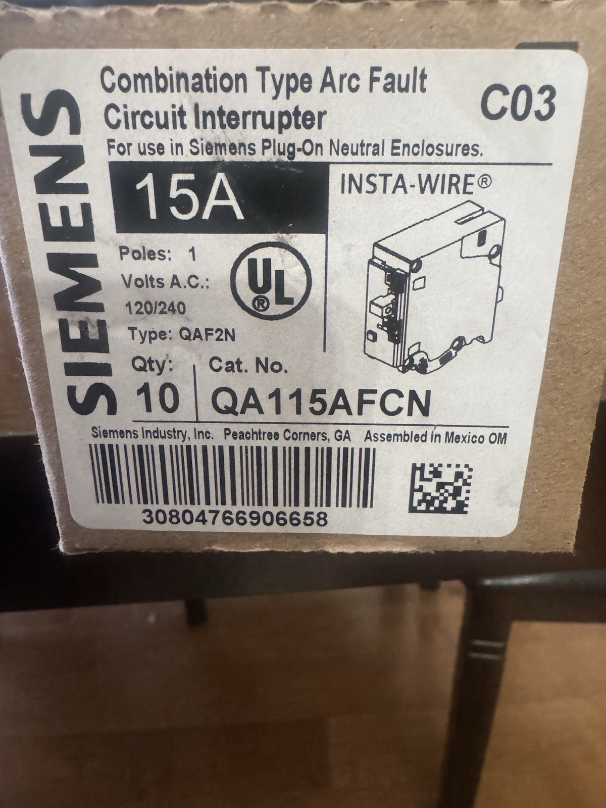 Siemens QA115AFCN 10 PACK 15A Arc Fault Circuit Breaker. 1 Pole. NEW IN BOX