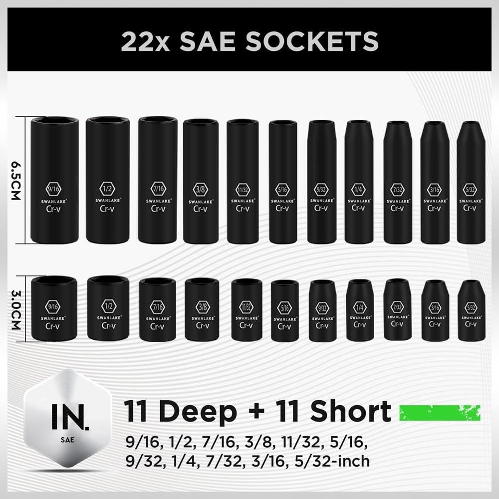 SWANLAKE 1/4″ Drive Impact Socket Set, 56-Piece 1/4 Set